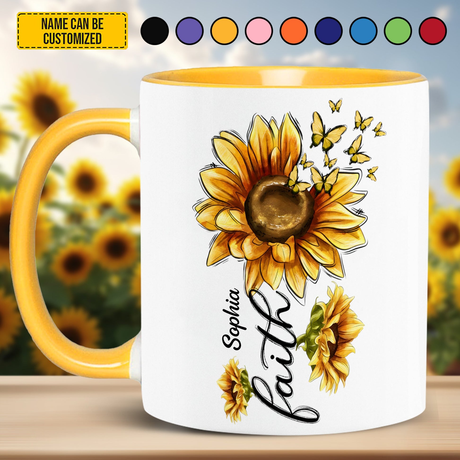 Sunflower With Butterfly FAITH - Personalized Sunflower Accent Mug