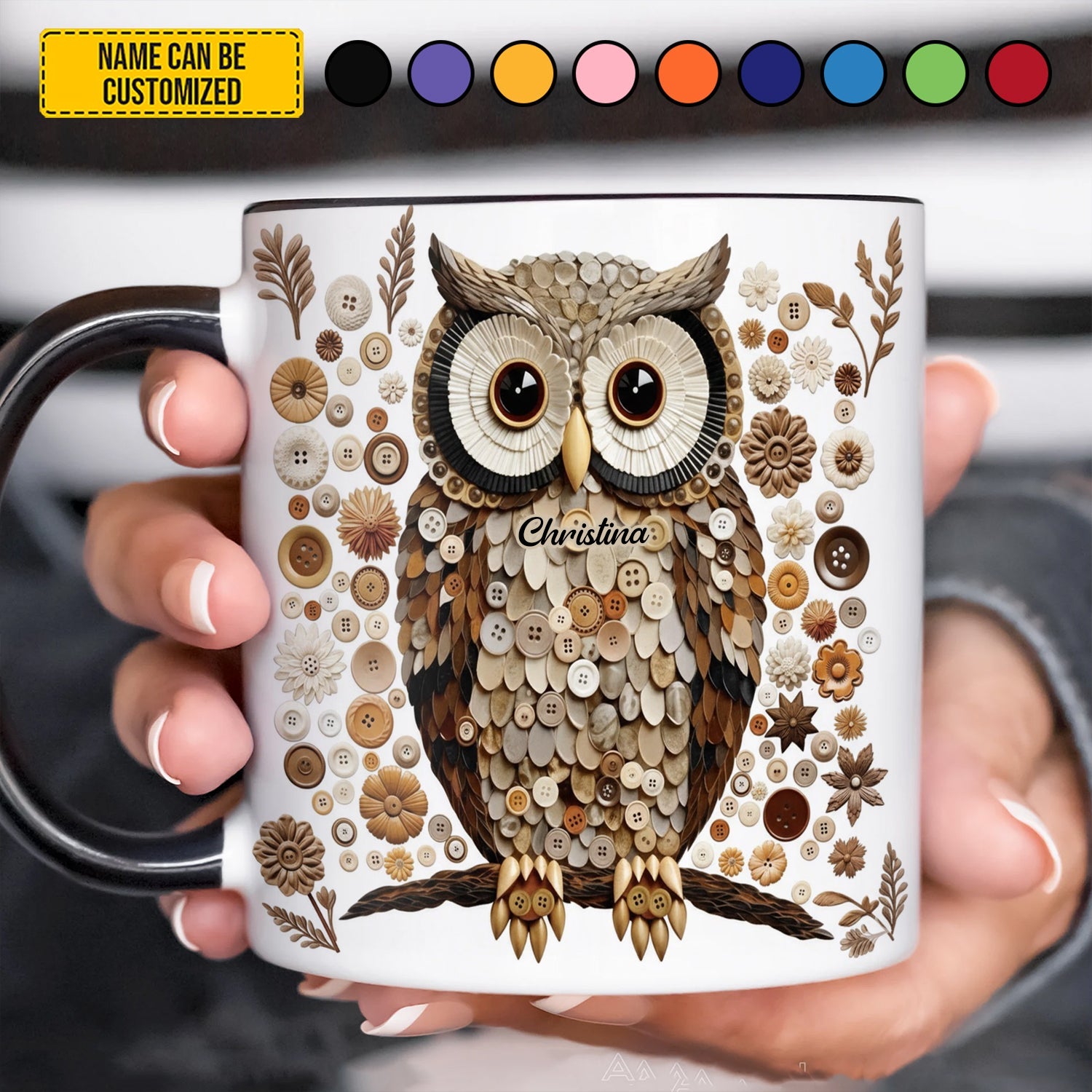 Button Art Owl - Personalized Owl Accent Mug