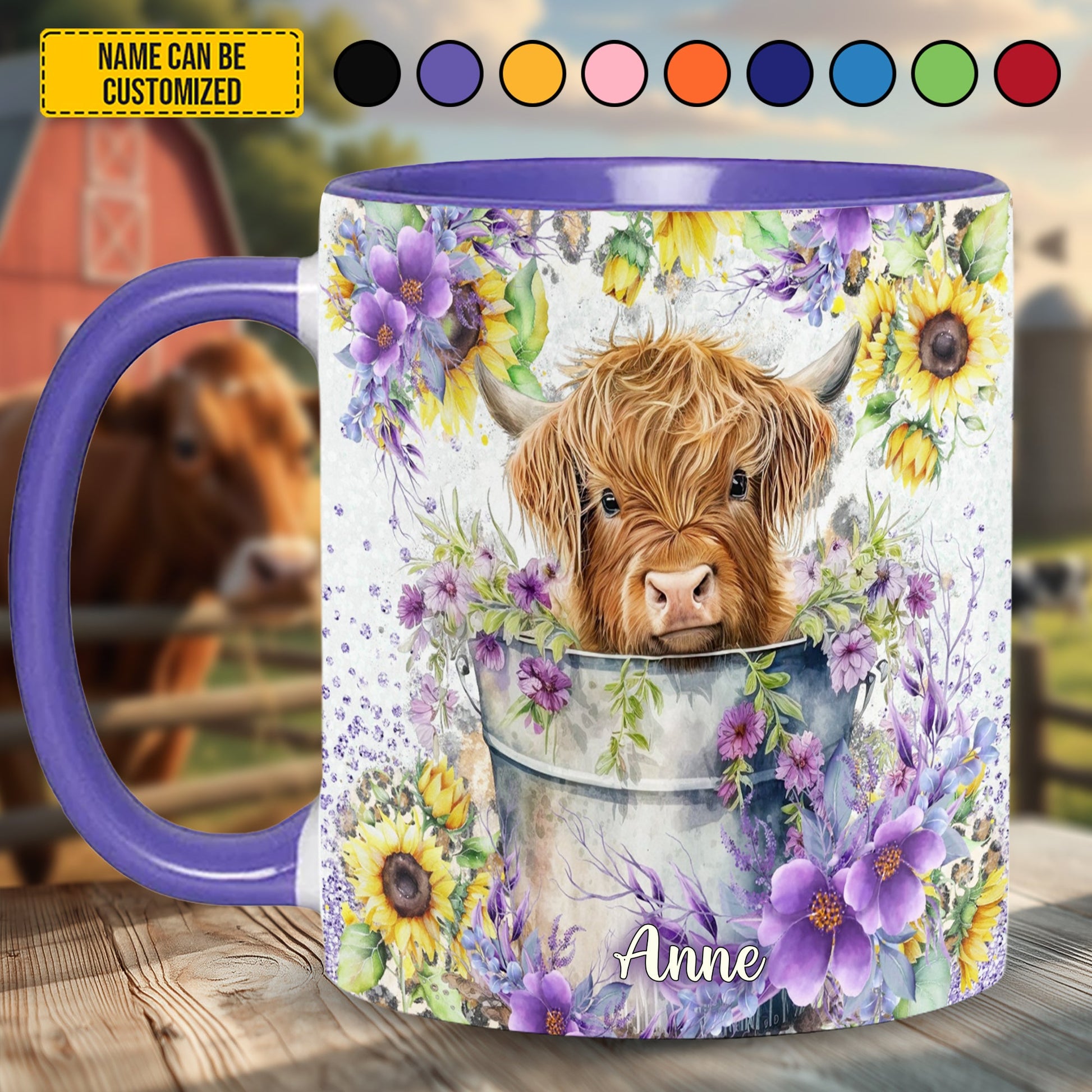 Cute Highland Cow Flower - Personalized Cow Accent Mug