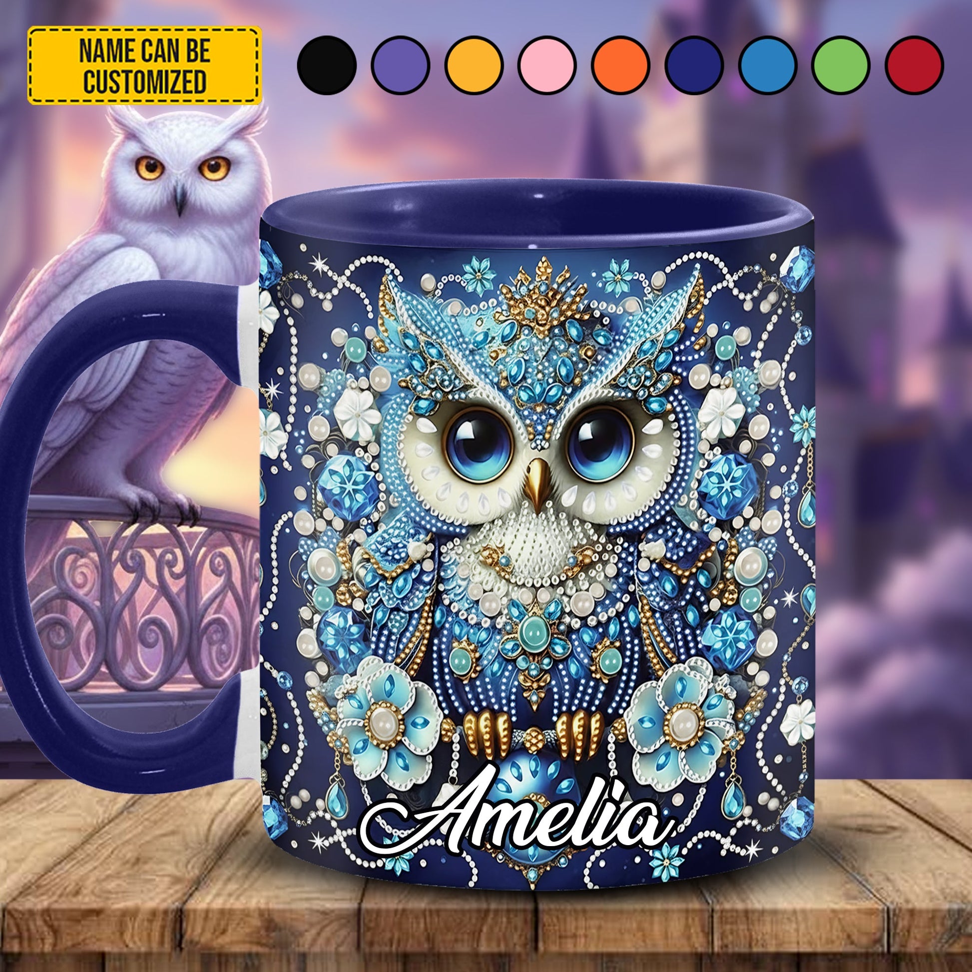 Personalized Crystal Blue Owl Accent Mug