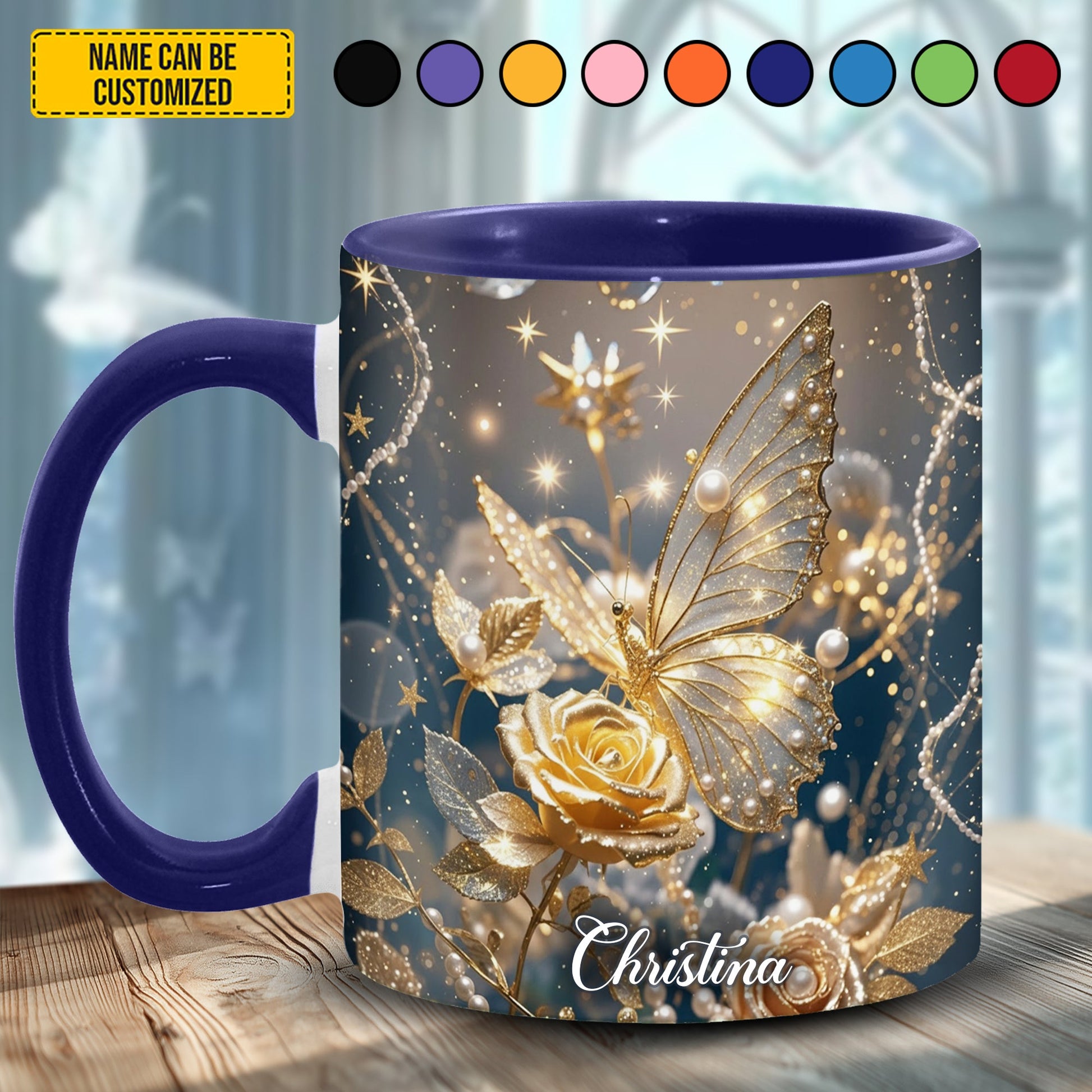 Sparkle Flowers Butterflies - Personalized Butterfly Accent Mug