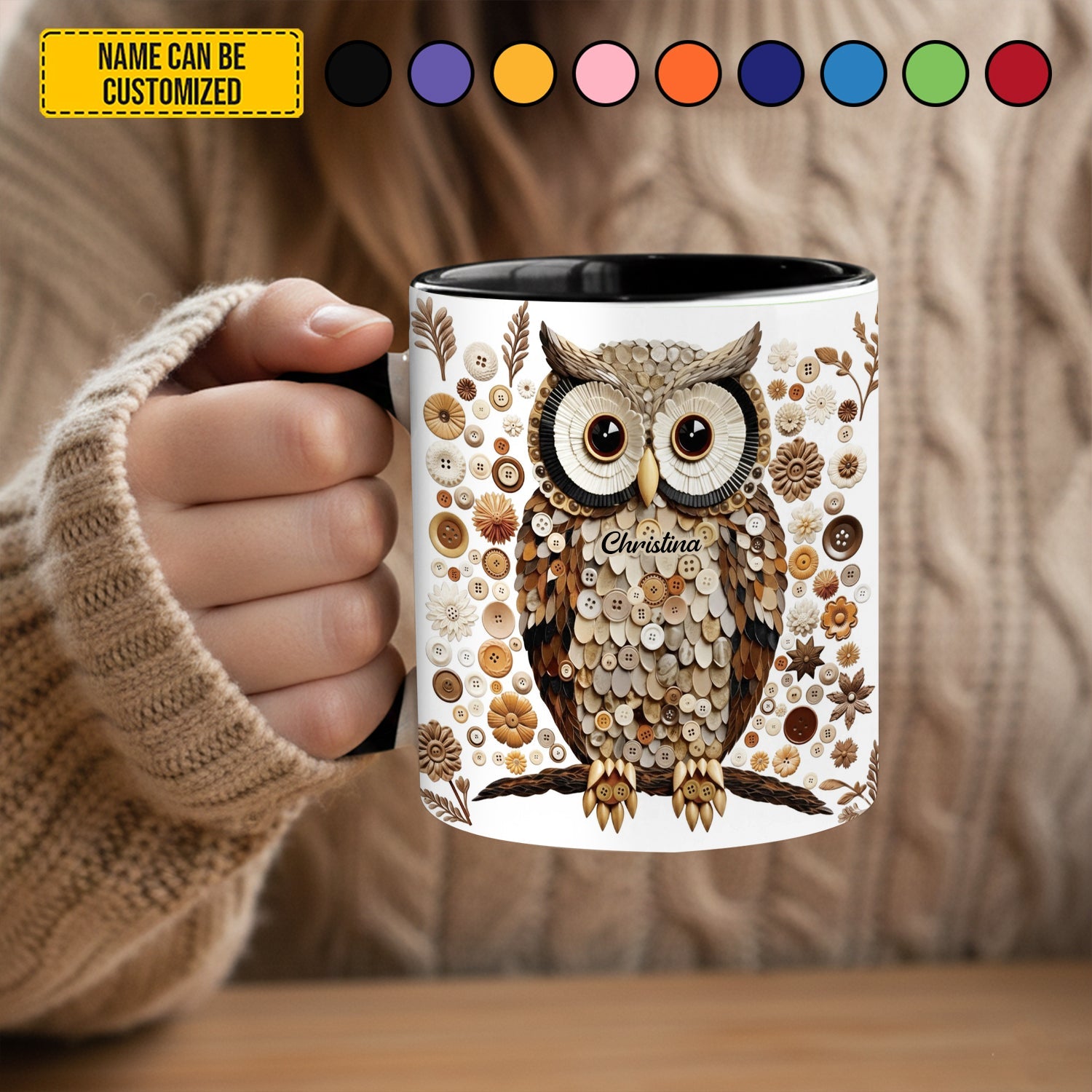 Button Art Owl - Personalized Owl Accent Mug