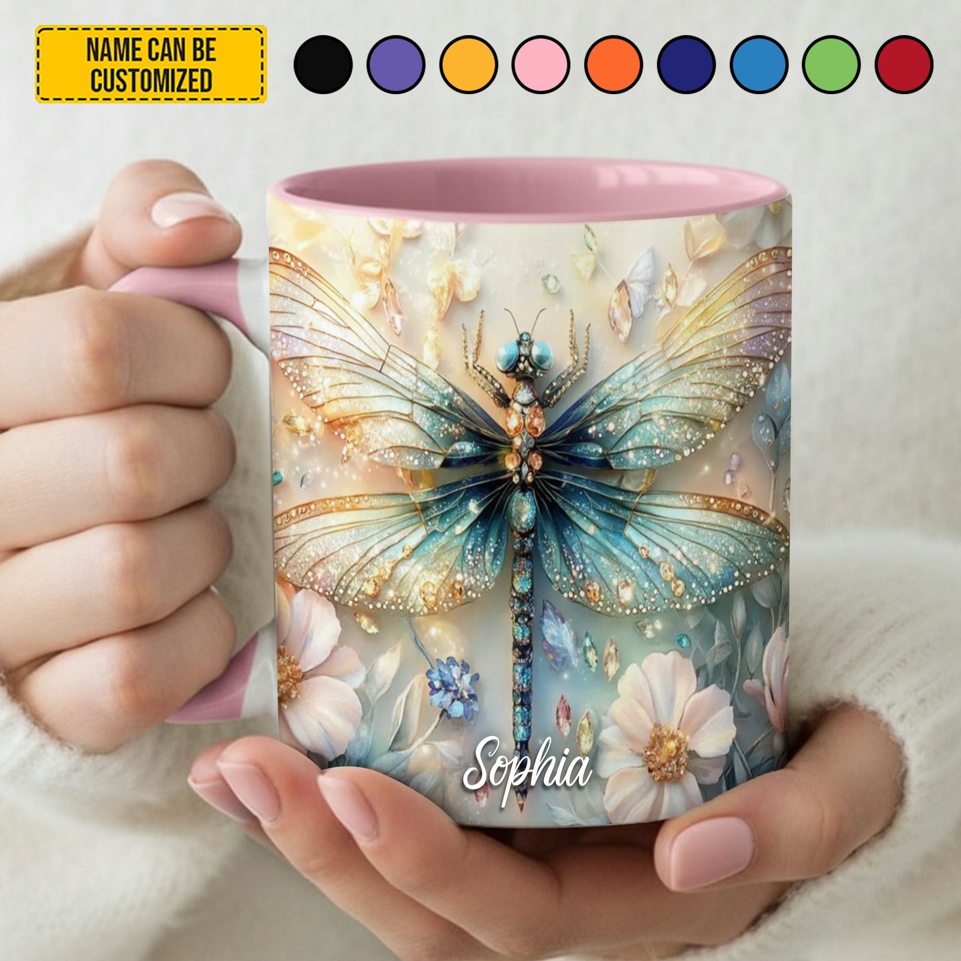 Colorful Dragonfly Flowers - Personalized Dragonfly Accent Mug