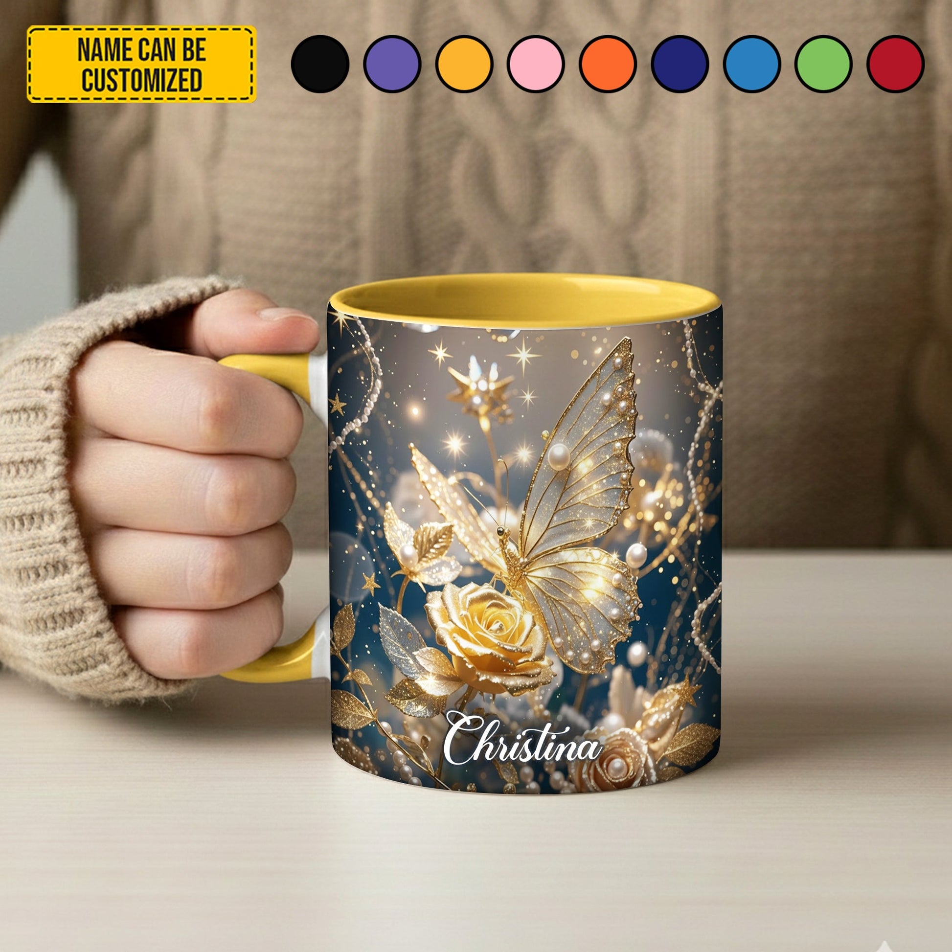 Sparkle Flowers Butterflies - Personalized Butterfly Accent Mug