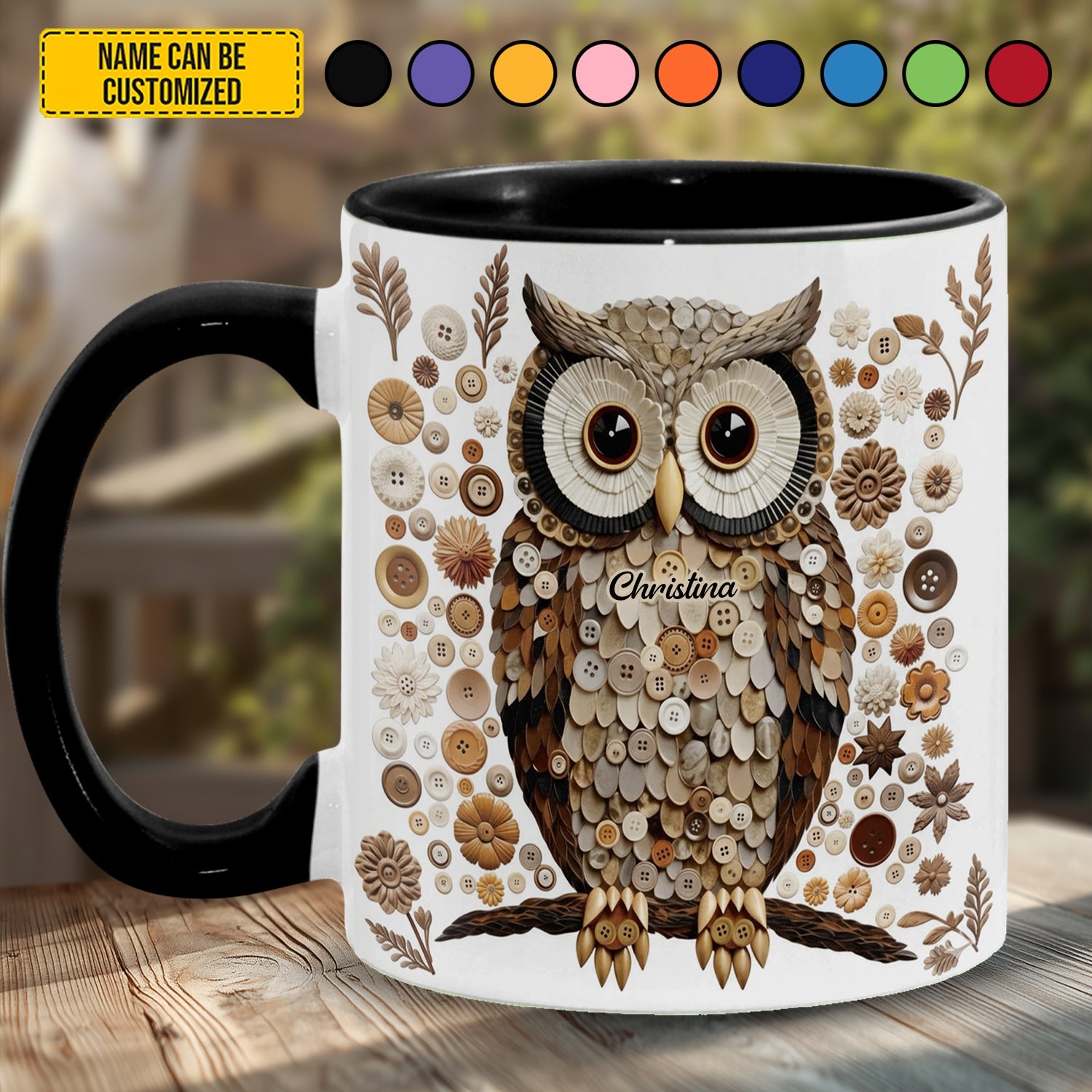 Button Art Owl - Personalized Owl Accent Mug