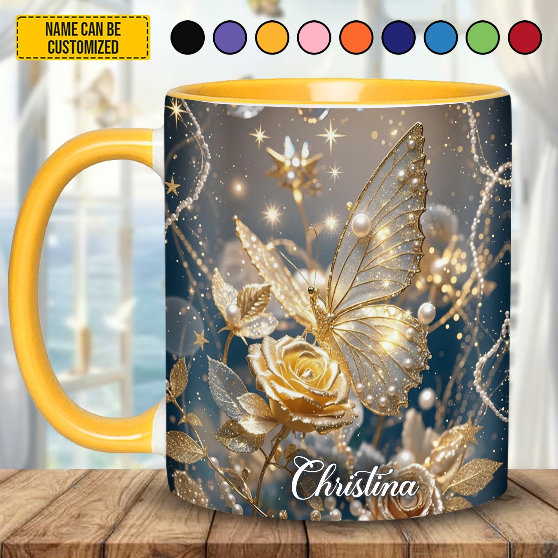 Sparkle Flowers Butterflies - Personalized Butterfly Accent Mug