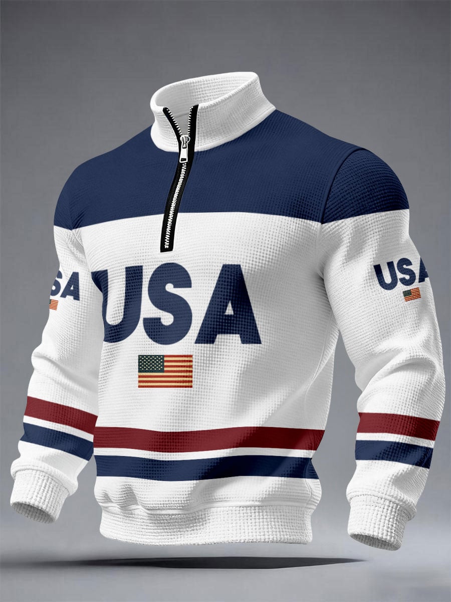 USA Waffle Quarter Zip Sweatshirt Team USA Flag Pullover Sports Fan Gift For Him