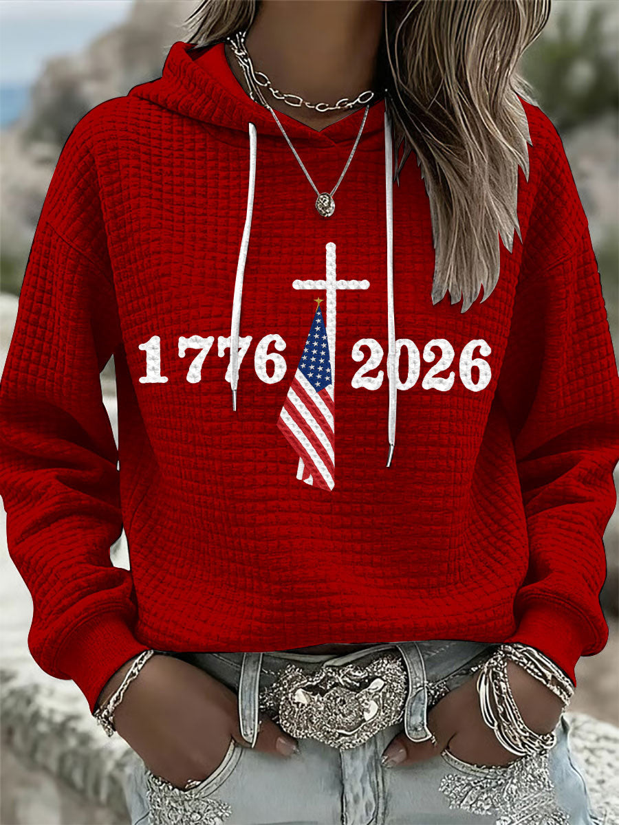 1776 2026 Cross American Flag Waffle Hoodie Christian Patriotic USA Faith Clothes Gift For Her - Lilybirchmarket