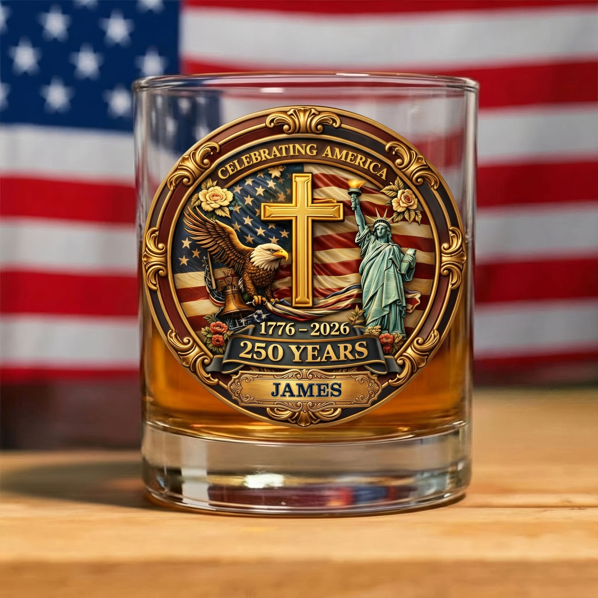Celebrating America 1776-2026 250 Years Gold Cross Bald Eagle Whiskey Decanter Set, America Patriot Whiskey Glasses