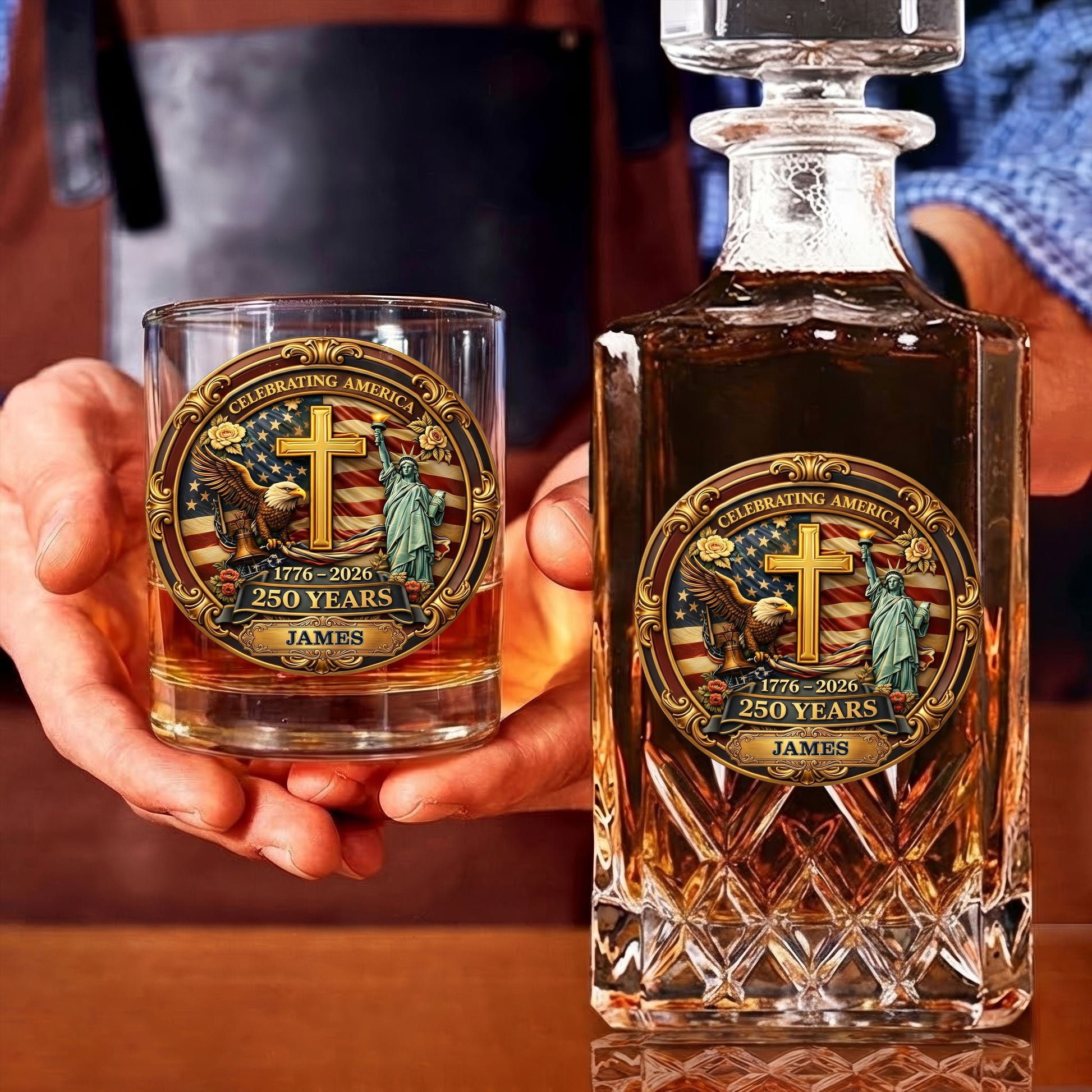 Celebrating America 1776-2026 250 Years Gold Cross Bald Eagle Whiskey Decanter Set, America Patriot Whiskey Glasses