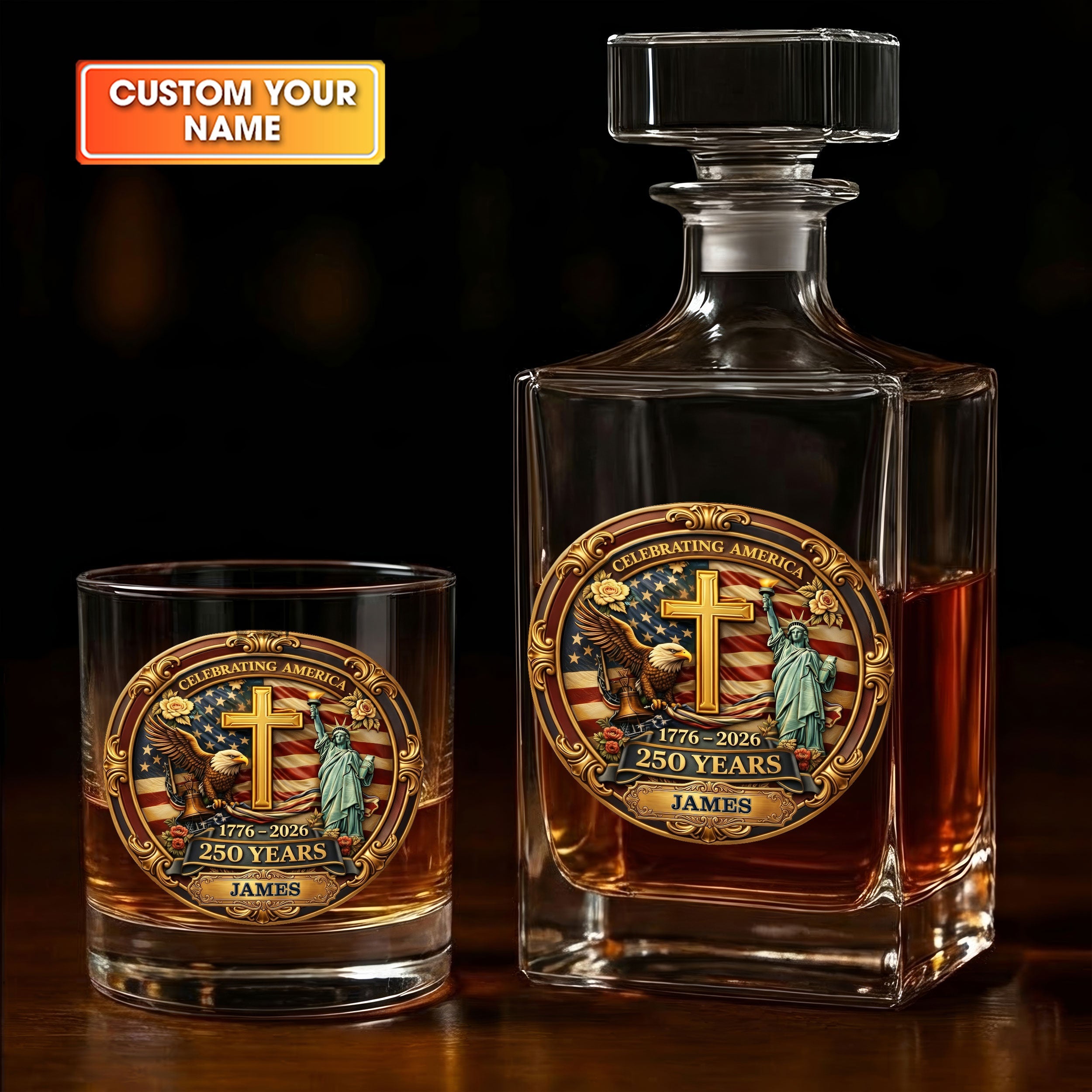 Celebrating America 1776-2026 250 Years Gold Cross Bald Eagle Whiskey Decanter Set, America Patriot Whiskey Glasses
