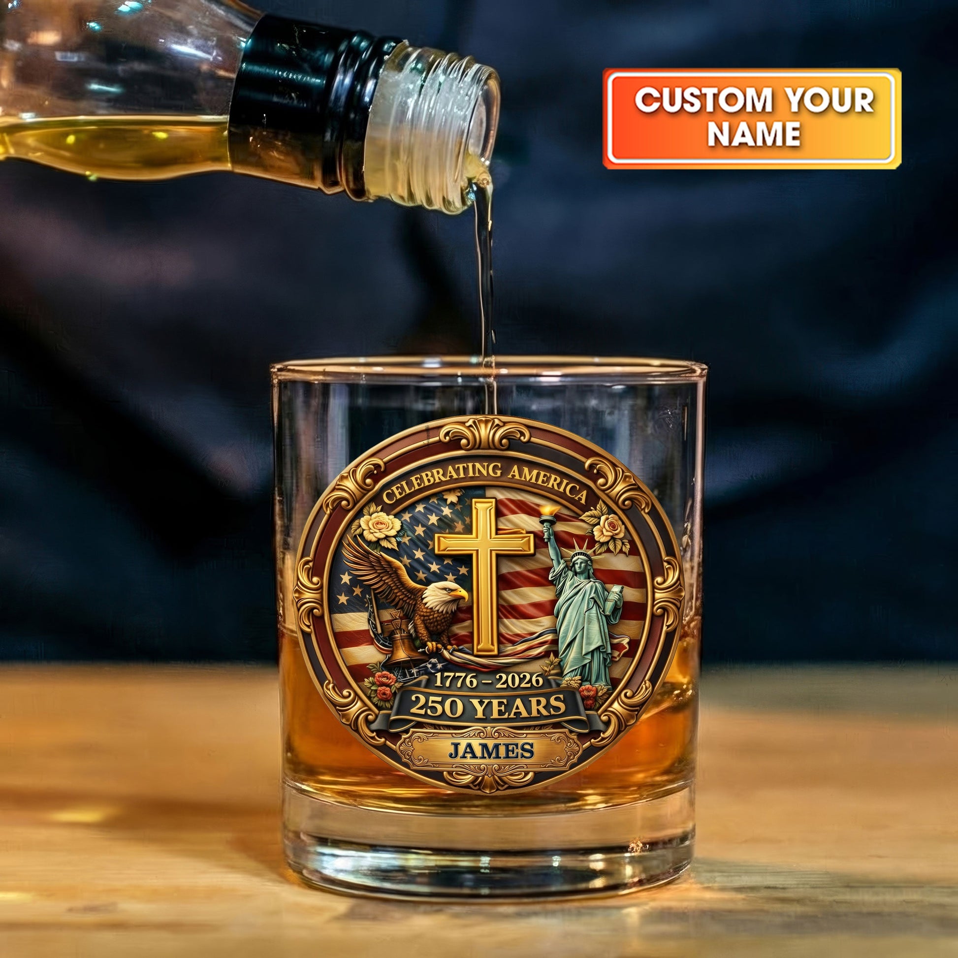 Celebrating America 1776-2026 250 Years Gold Cross Bald Eagle Whiskey Decanter Set, America Patriot Whiskey Glasses
