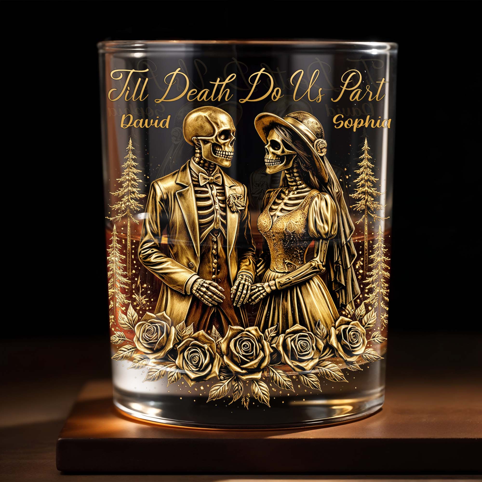 Till Death Do Us Part With Skeleton Couple And Roses Whiskey Glass Gift For Spouse