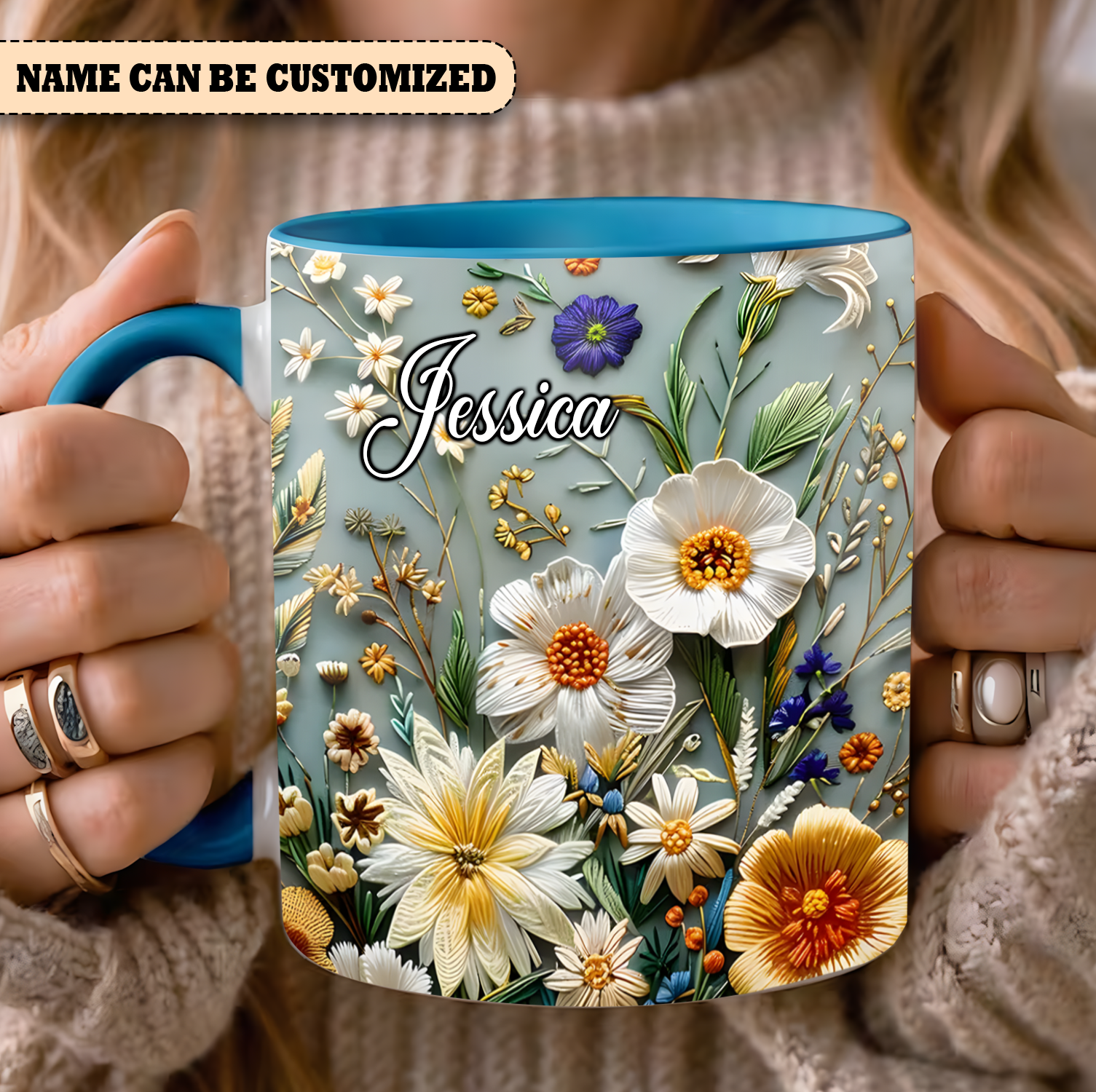Charming Floral Mug - Personalized Flowers Accent Mug
