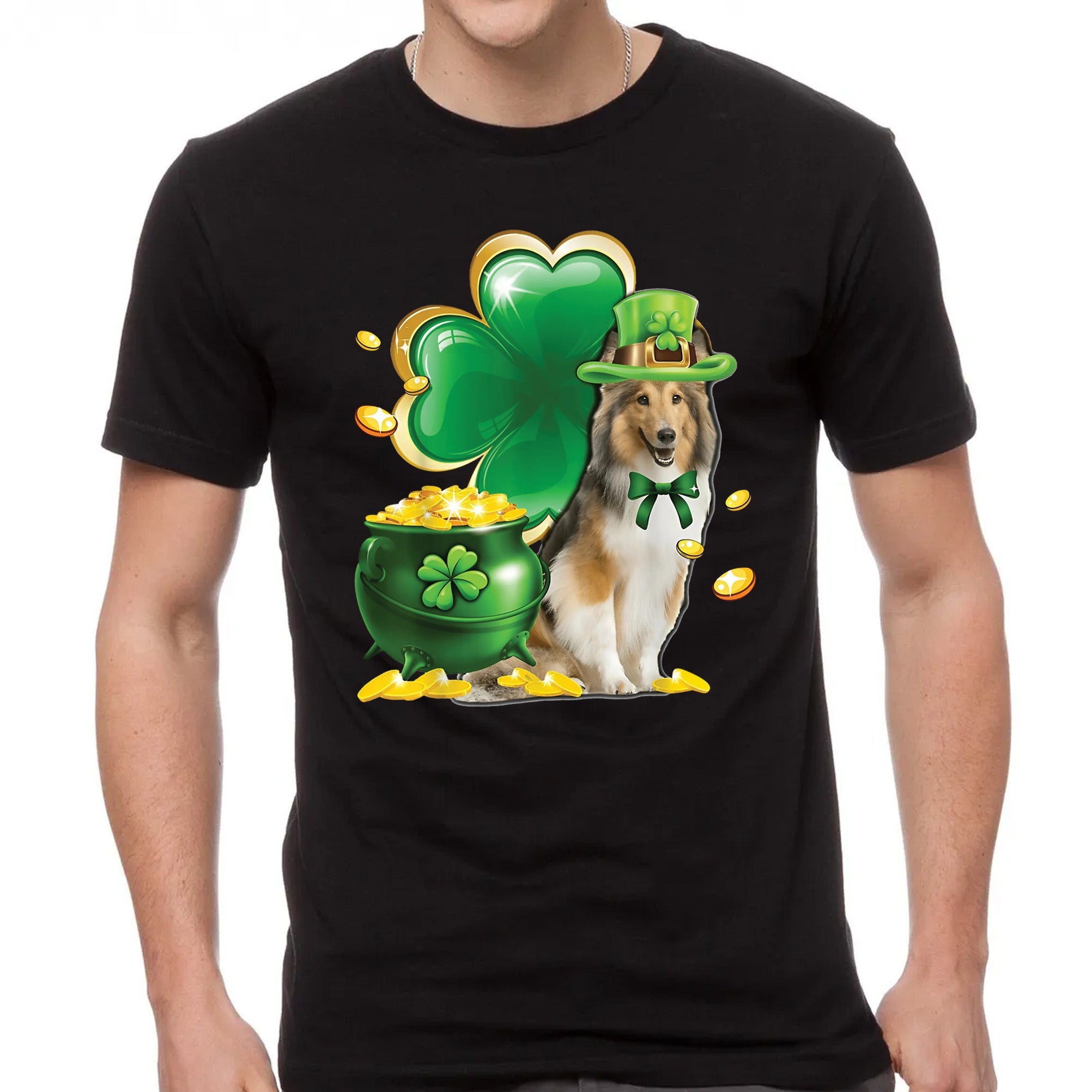 Funny Sheltie Dog Shamrock Irish Saint St Patrick Day Classic Unisex T-Shirt Gildan 5000 (Made In US)