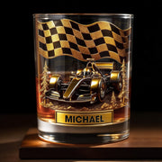 Cherish Your Victories Race Car And Checkered Flag Whiskey GlassGift For Racing Enthusiasts And Motorsport Fans