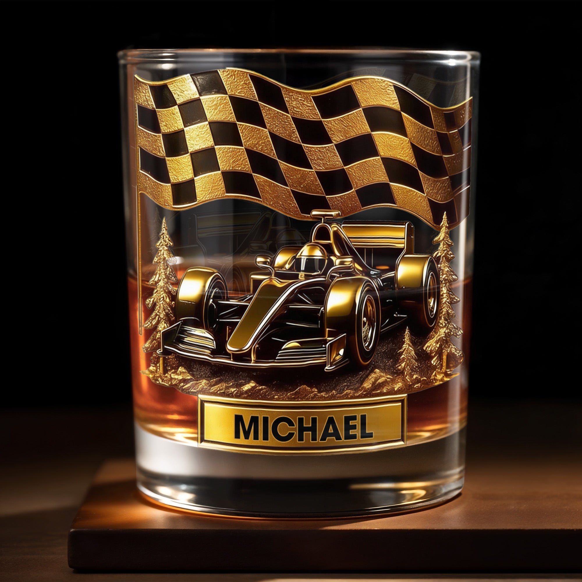 Cherish Your Victories Race Car And Checkered Flag Whiskey GlassGift For Racing Enthusiasts And Motorsport Fans