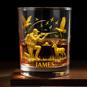 Hunter And Deer Surrounded By Flying Birds Whiskey Glass Gift For Outdoor Enthusiasts