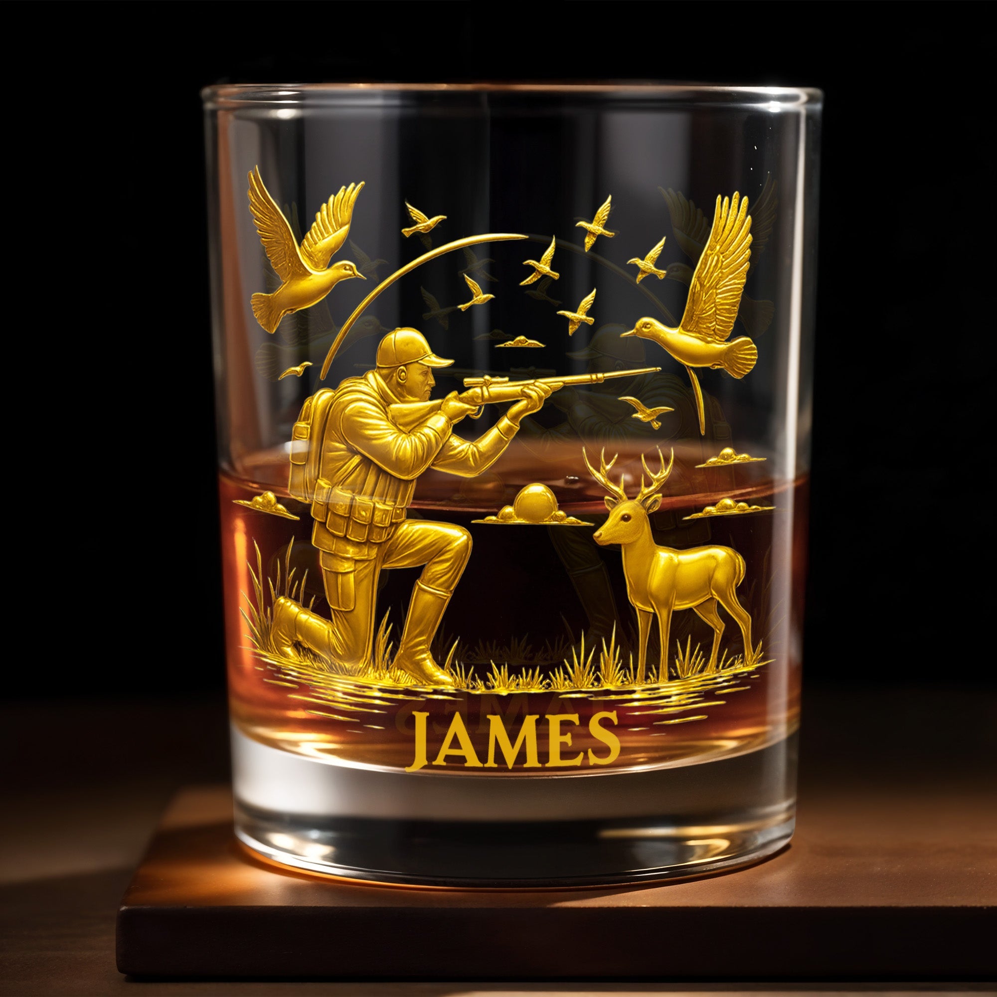 Hunter And Deer Surrounded By Flying Birds Whiskey Glass Gift For Outdoor Enthusiasts