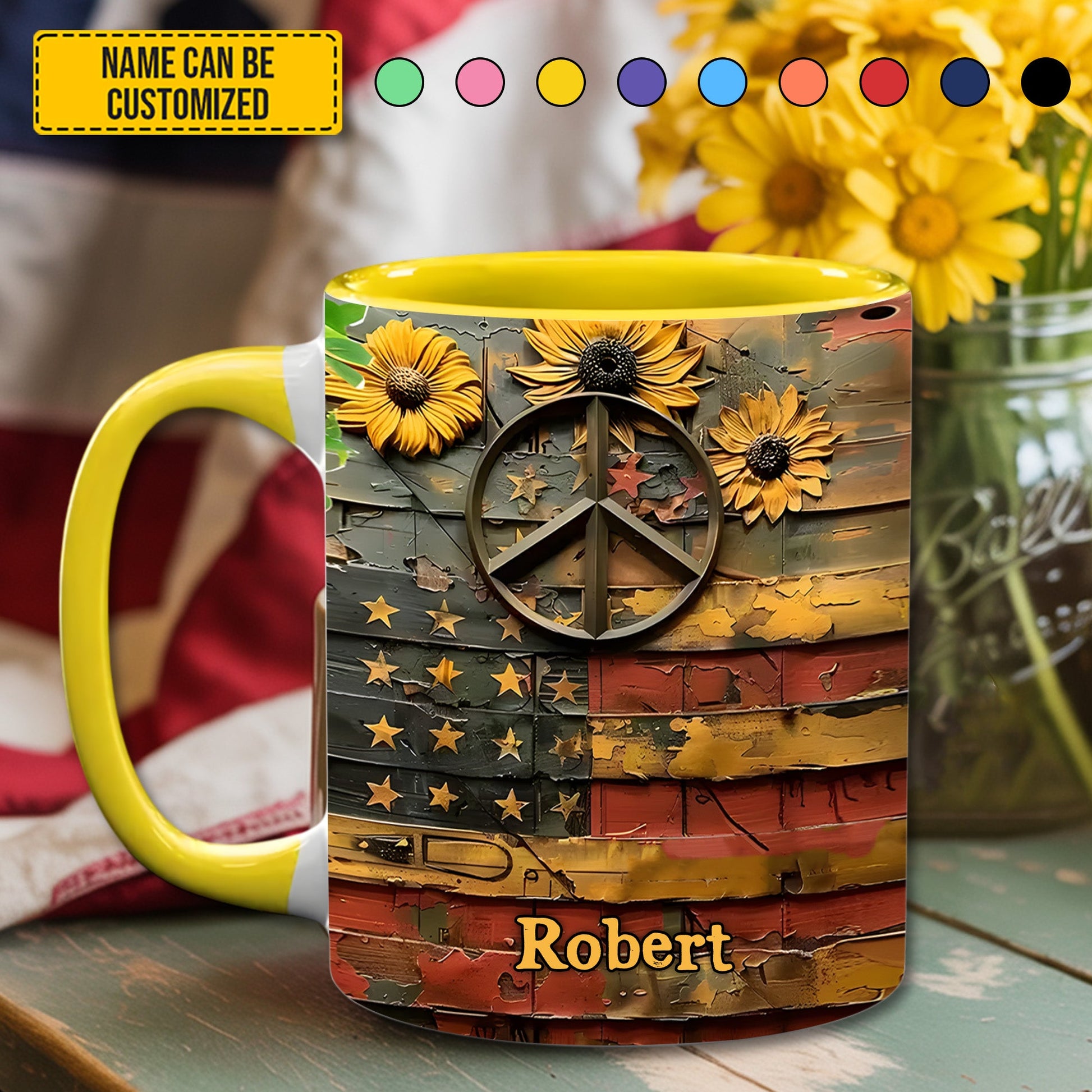Sunflower USA Flag  - Personalized Accent Mug