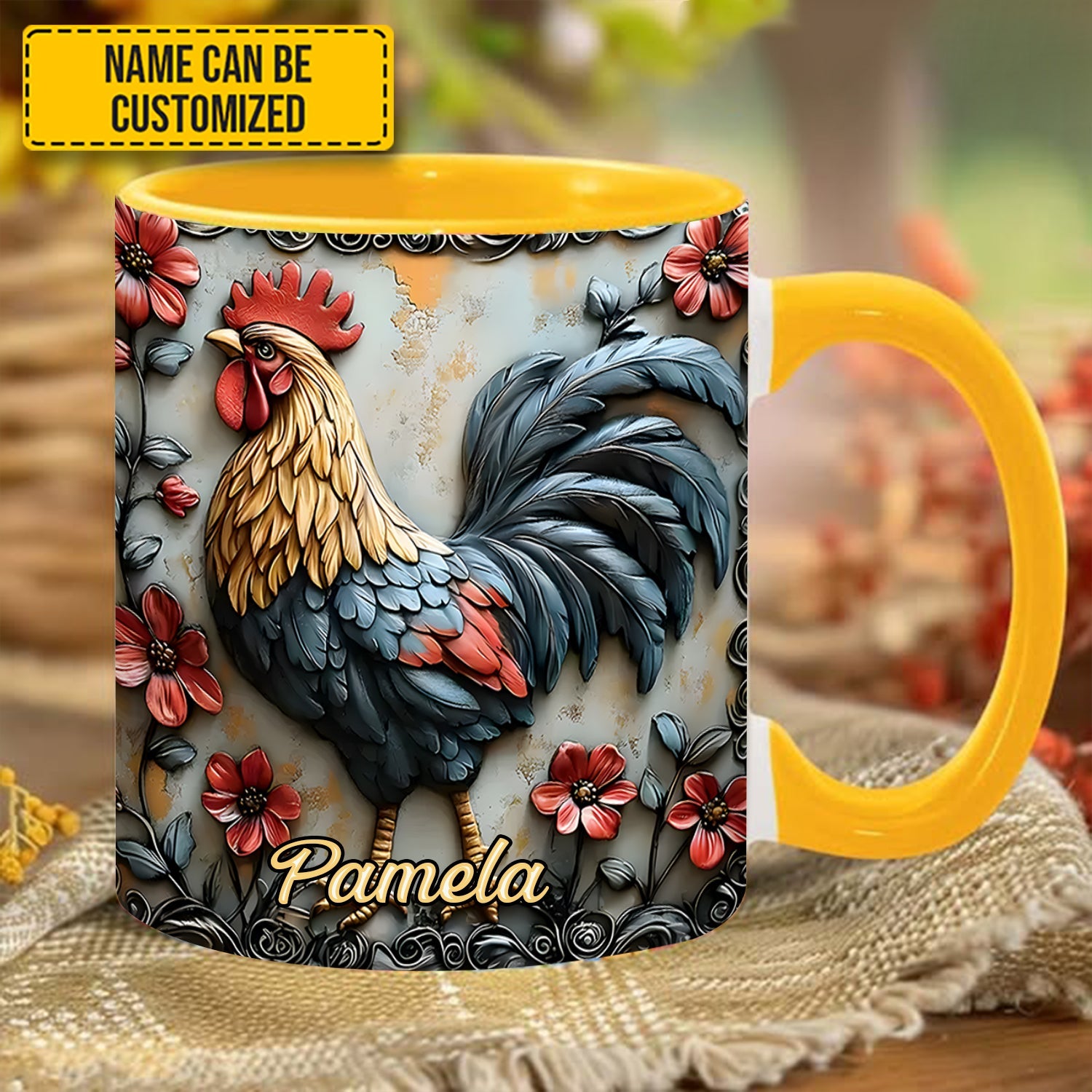 Rooster and Vibrant Flowers - Personalized Chicken Accent Mug