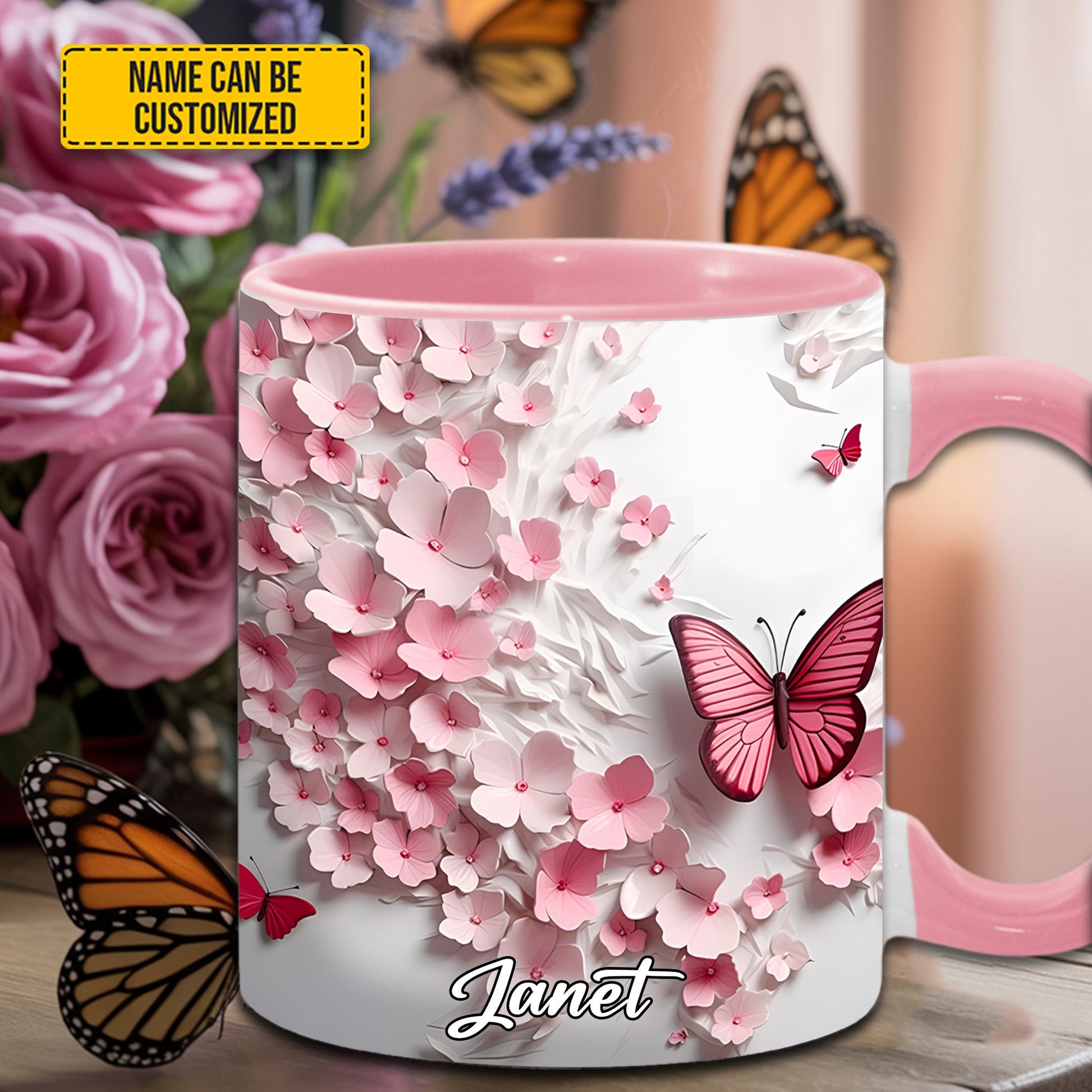 Pink Butterfly With Flowers - Personalized Butterfly Accent Mug
