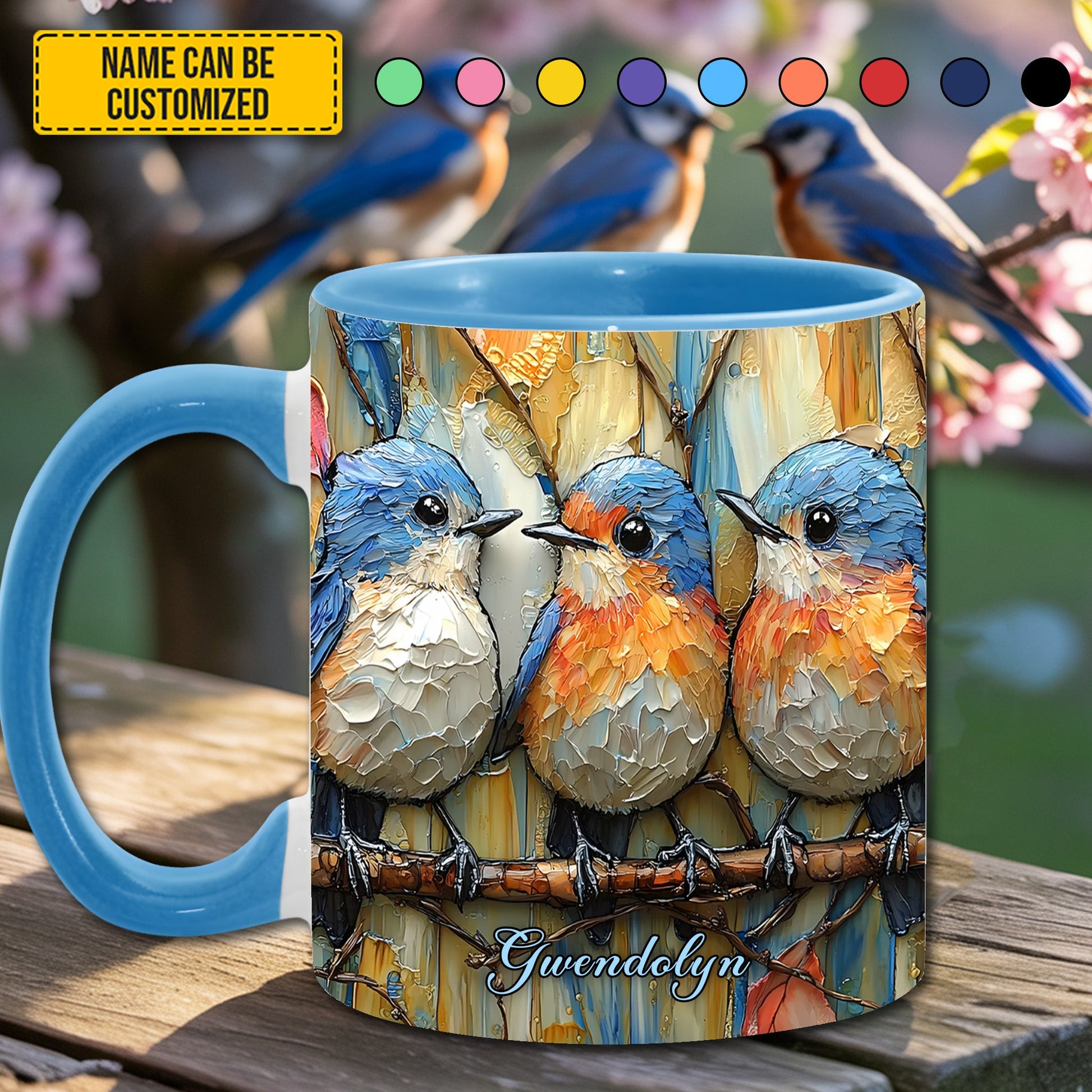 Row Of Bluebirds - Personalized Bird Accent Mug