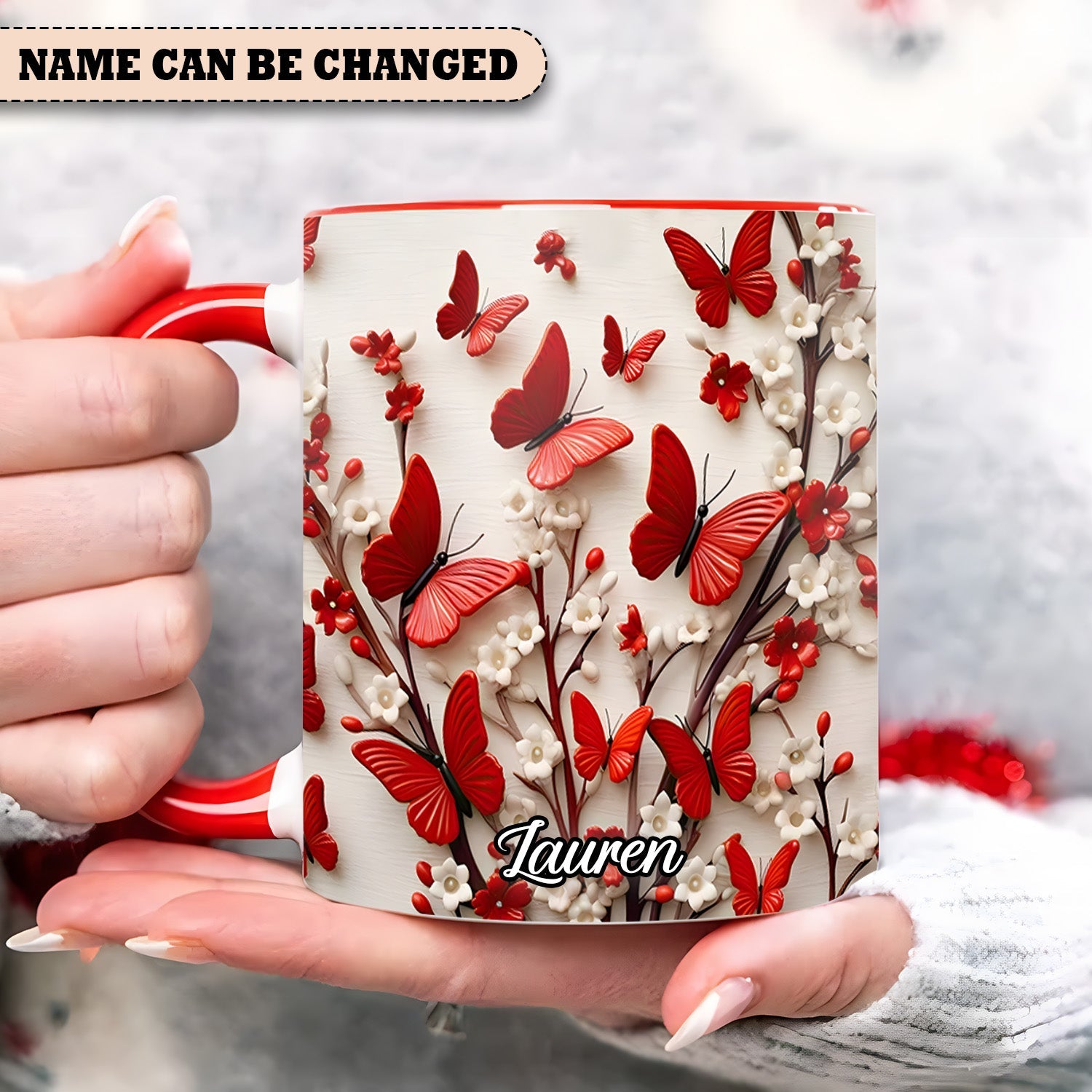 Red White Butterfly Flowers Accent Mug - Personalized  Accent Mug