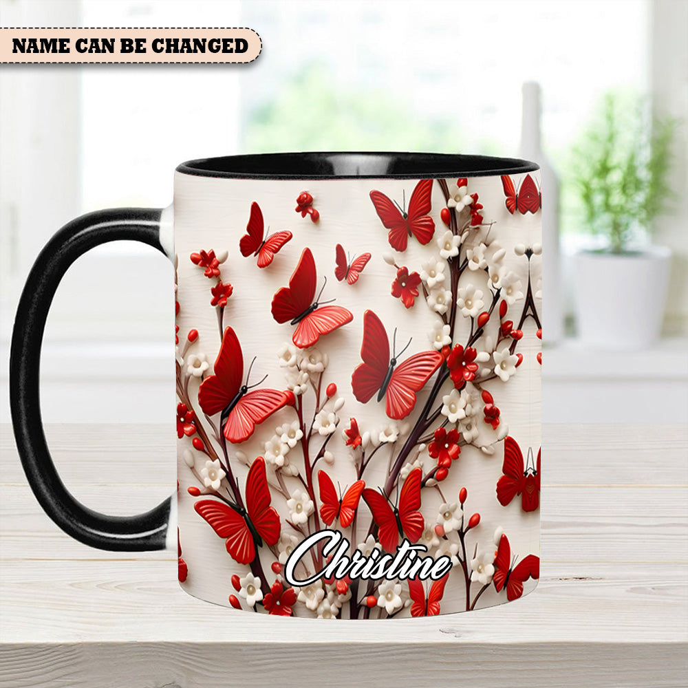 Red White Butterfly Flowers Accent Mug - Personalized  Accent Mug