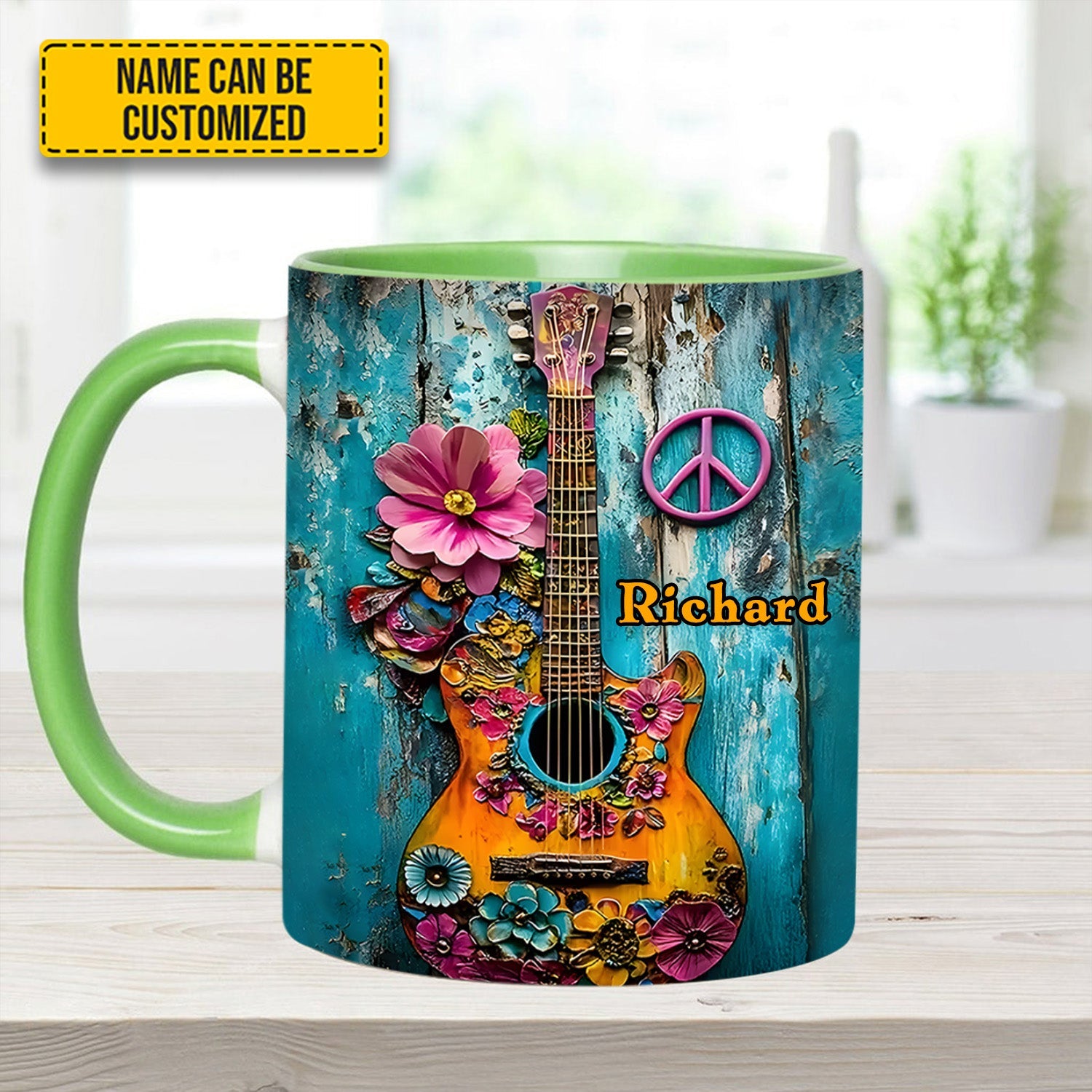 Guitar Flower Hippie - Personalized Guitar Accent Mug