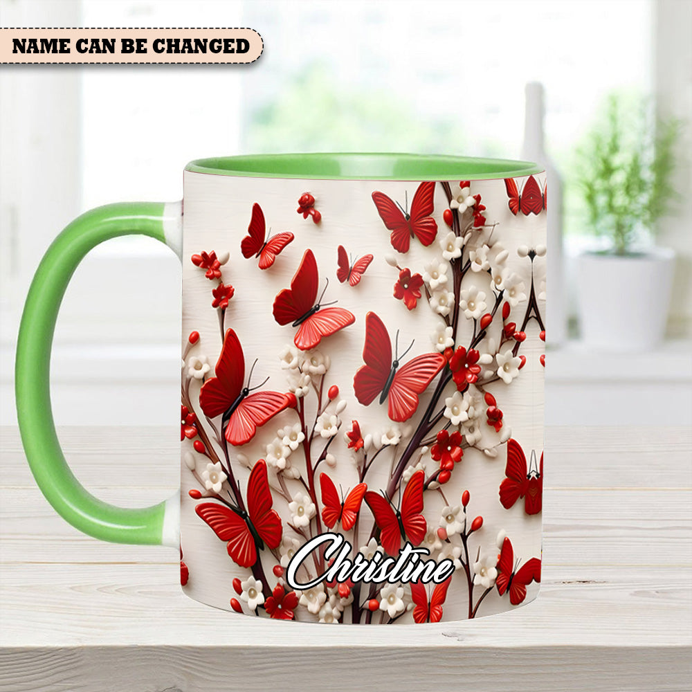 Red White Butterfly Flowers Accent Mug - Personalized  Accent Mug