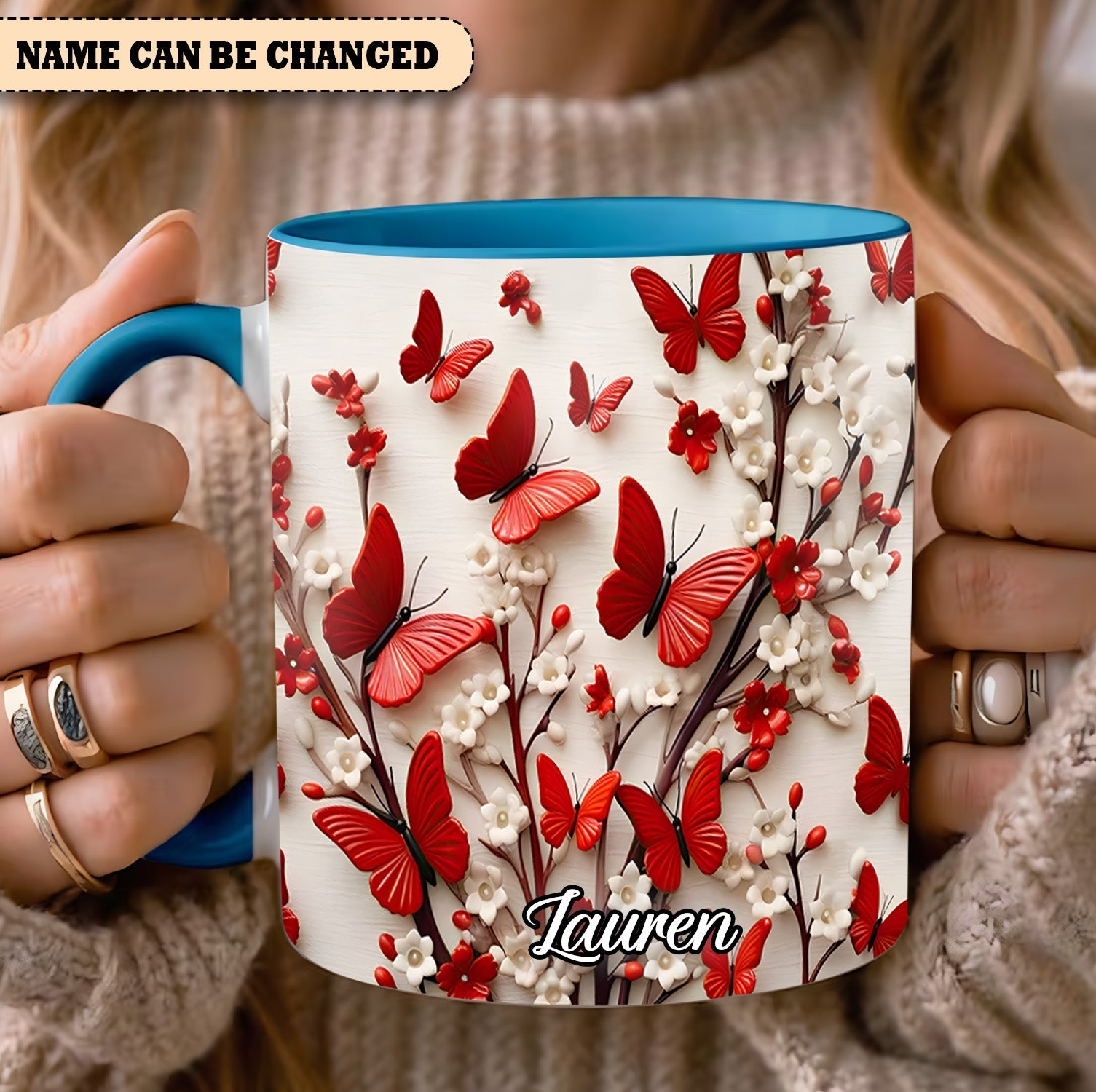 Red White Butterfly Flowers Accent Mug - Personalized  Accent Mug