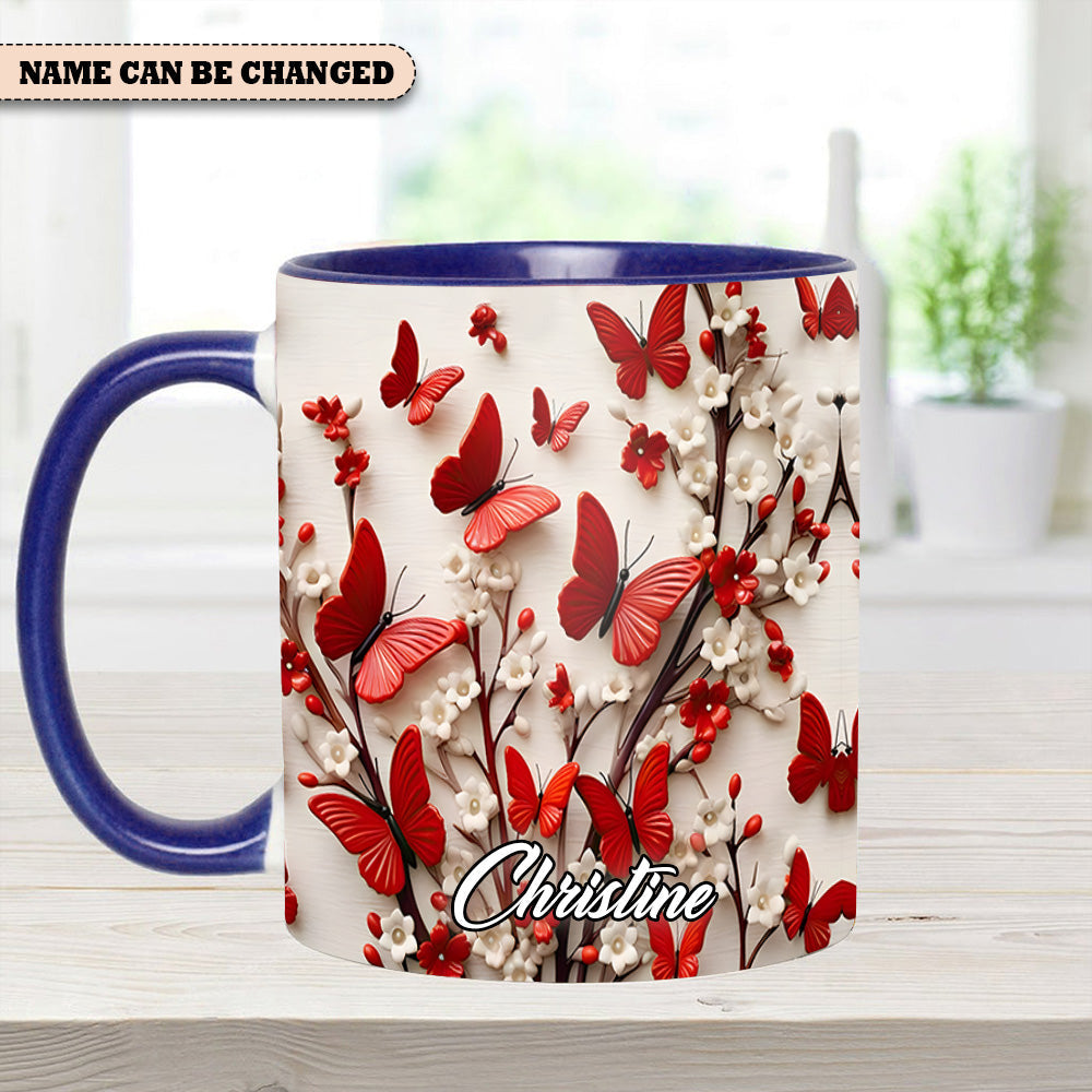 Red White Butterfly Flowers Accent Mug - Personalized  Accent Mug