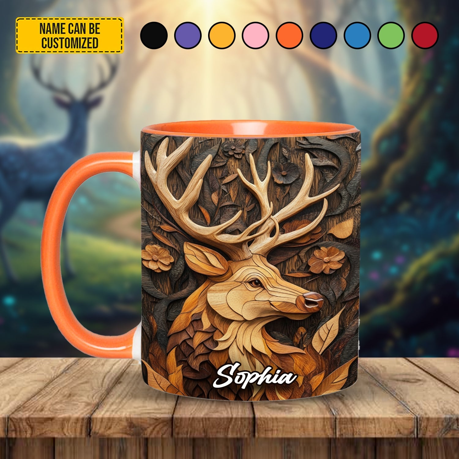 Personalized Deer Wooden Carving Style Accent Mug