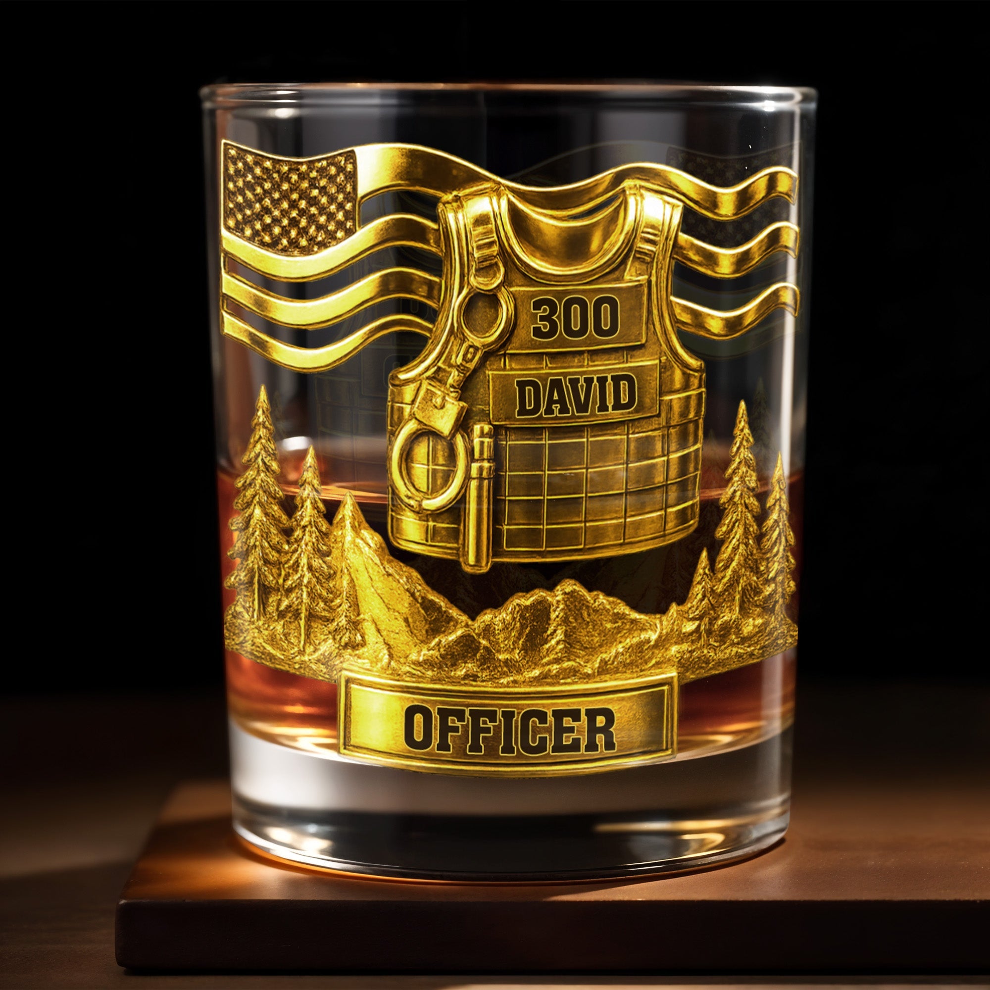 Celebrate Bravery And Dedication Officer Badge And Mountains Custom Whiskey Glass Gift For Law Enforcement
