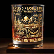 Happy Retirement, Mountains, Cabin, Lake And Sunset Design, Whiskey Glass, Gift For Retirees
