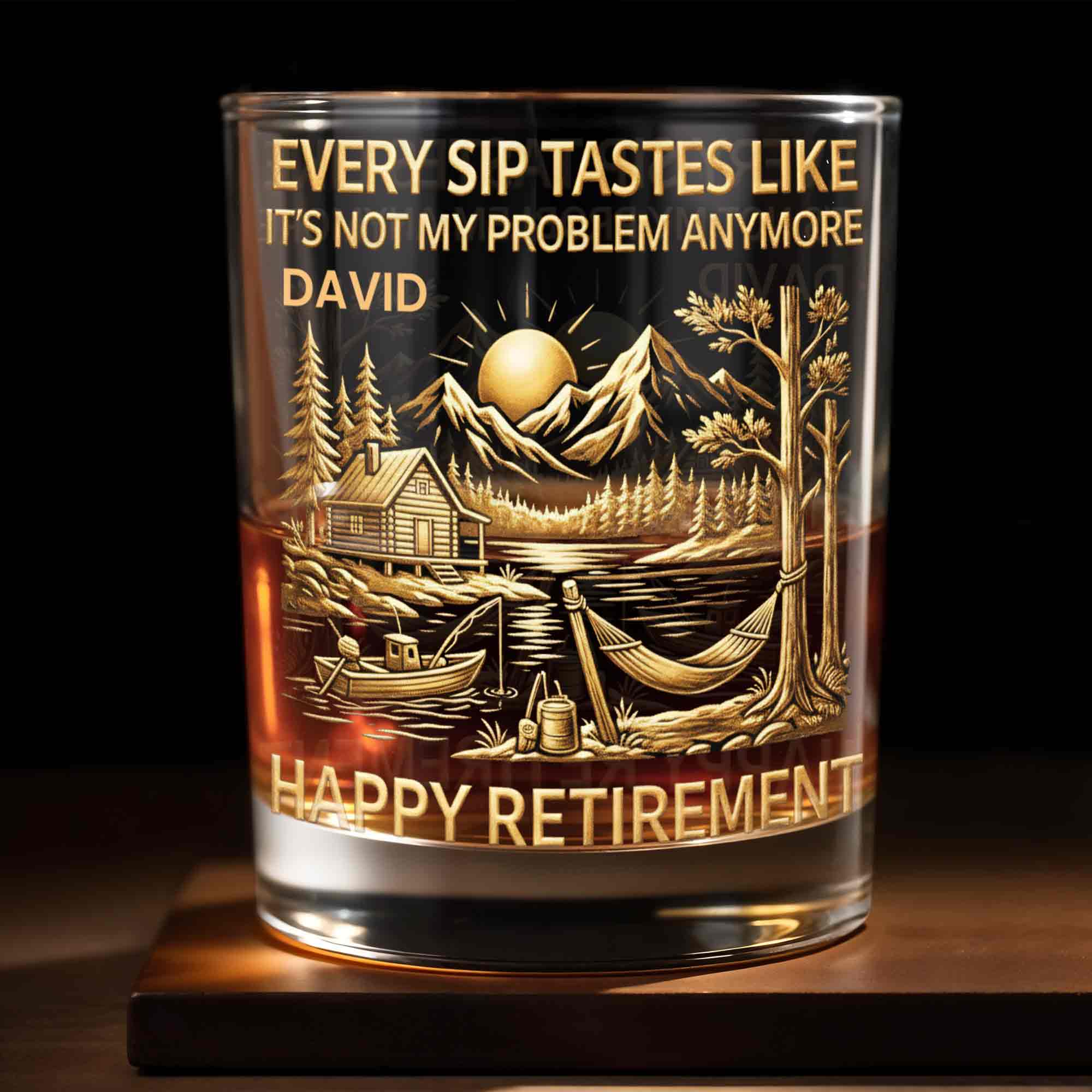 Happy Retirement, Mountains, Cabin, Lake And Sunset Design, Whiskey Glass, Gift For Retirees