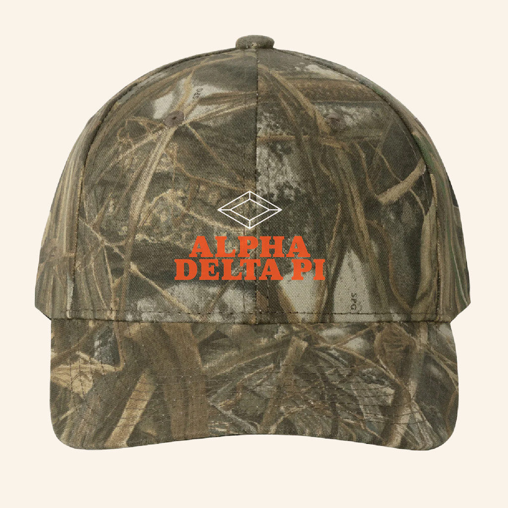 ADPI Merch Alpha Delta Pi Orange Embroidered Camo Hat Unique Gift For Boyfriend Birthday - Lilybirchmarket
