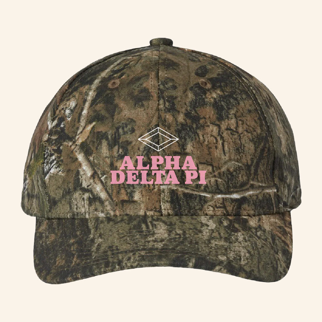 ADPI Merch Alpha Delta Pi Pink Embroidered Camo Hat Gift Ideas For Wife - Lilybirchmarket