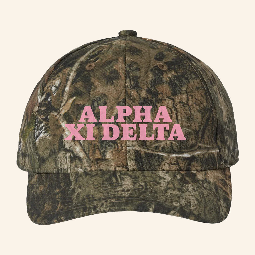 ADPI Merch Alpha Xi Delta Pink Embroidered Camo Hat Birthday Ideas For Wife - Lilybirchmarket