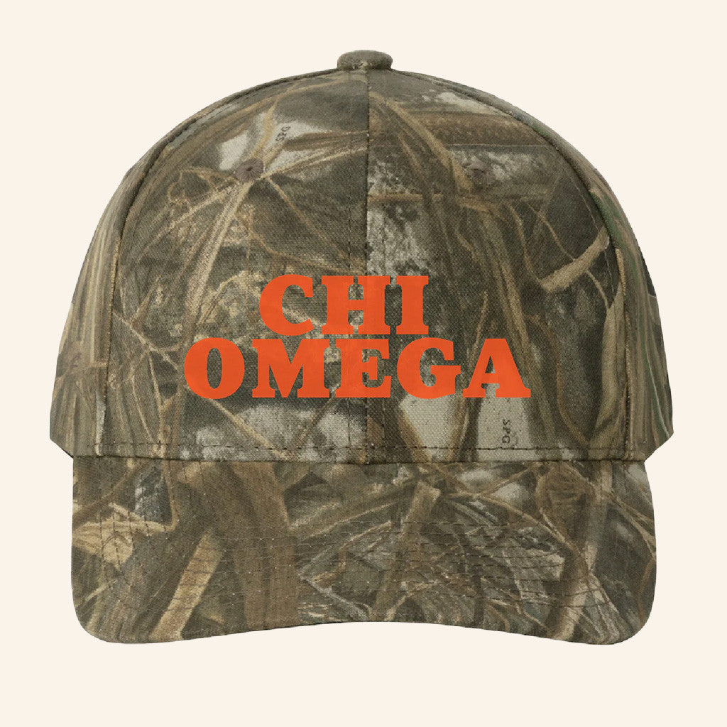 ADPI Merch Chi Omega Orange Embroidered Camo Hat Gift Ideas For Boyfriend - Lilybirchmarket