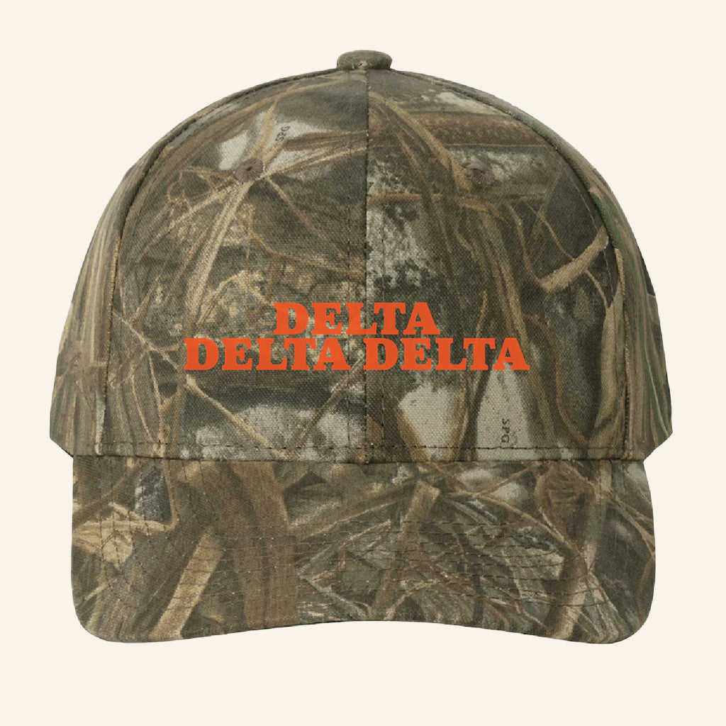 ADPI Merch Delta Delta Delta Orange Embroidered Camo Hat Gift Ideas For Boyfriend - Lilybirchmarket