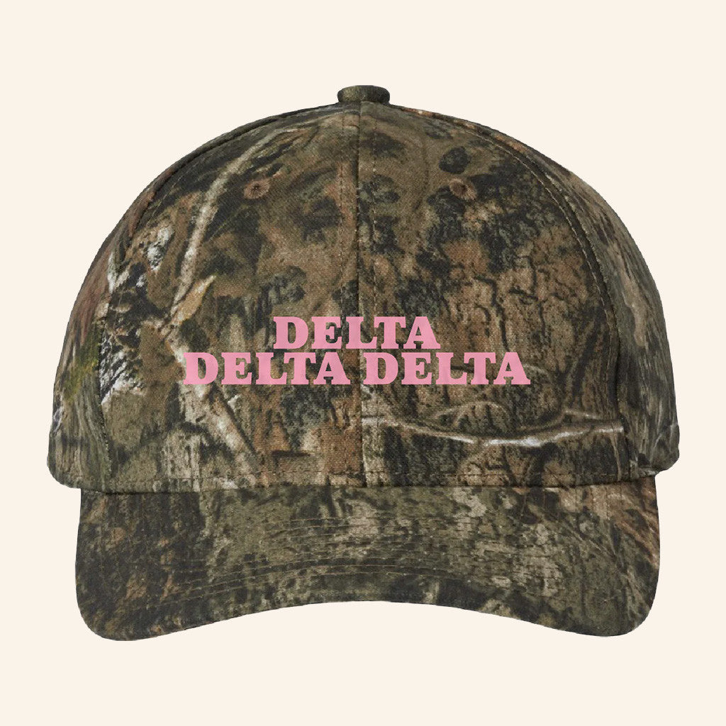 ADPI Merch Delta Delta Delta Pink Embroidered Camo Hat Birthday Present For Wife - Lilybirchmarket