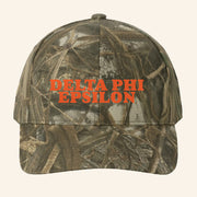 ADPI Merch Delta Phi Epsilon Orange Embroidered Camo Hat Gift Ideas For Him - Lilybirchmarket