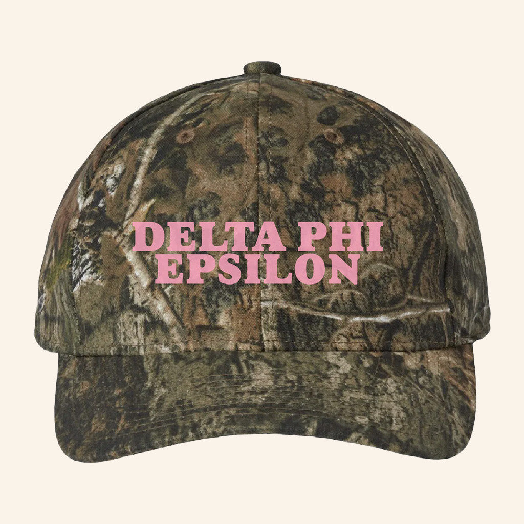 ADPI Merch Delta Phi Epsilon Pink Embroidered Camo Hat Unique Birthday Gift For Wife - Lilybirchmarket