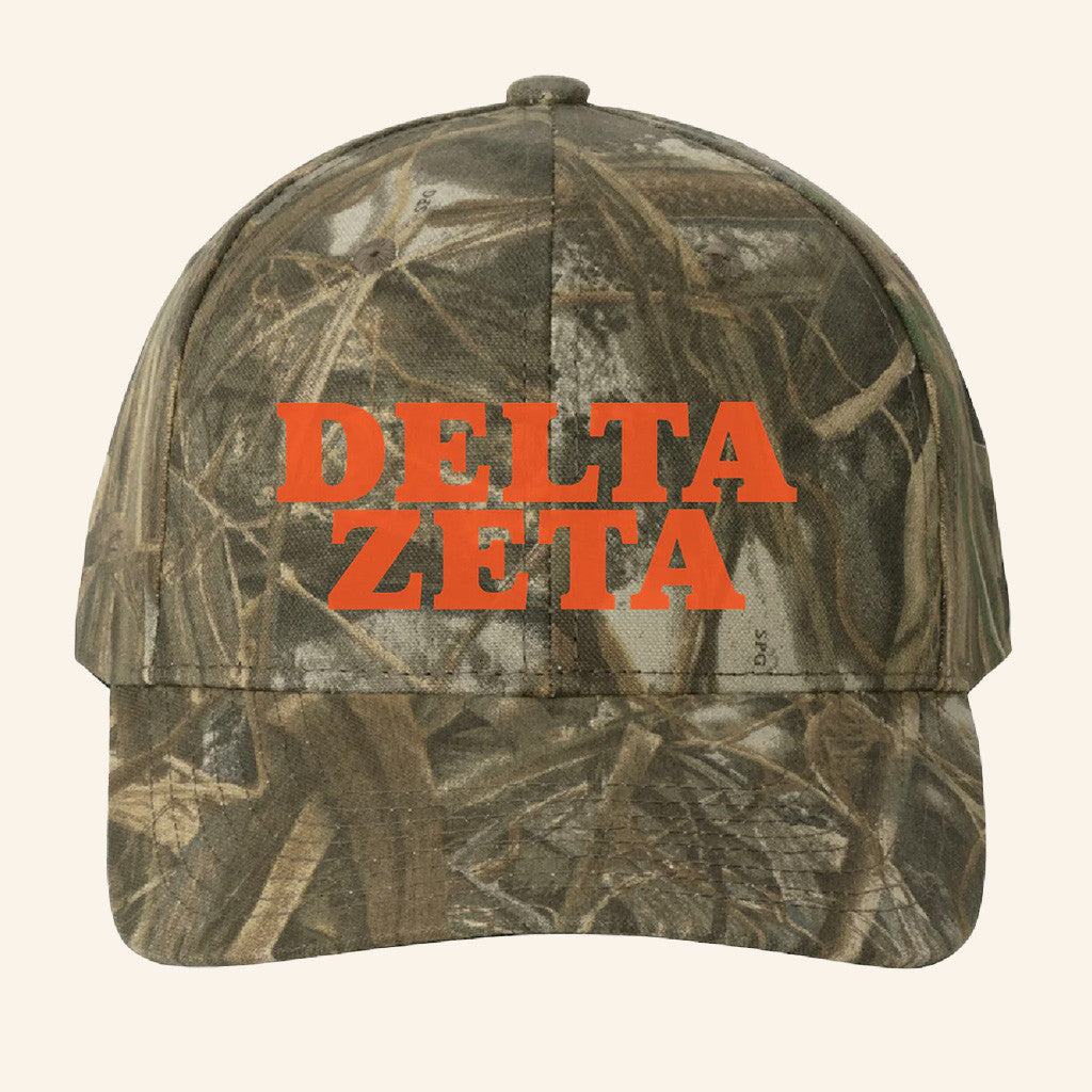 ADPI Merch Delta Zeta Orange Embroidered Camo Hat Gift Ideas For Him - Lilybirchmarket