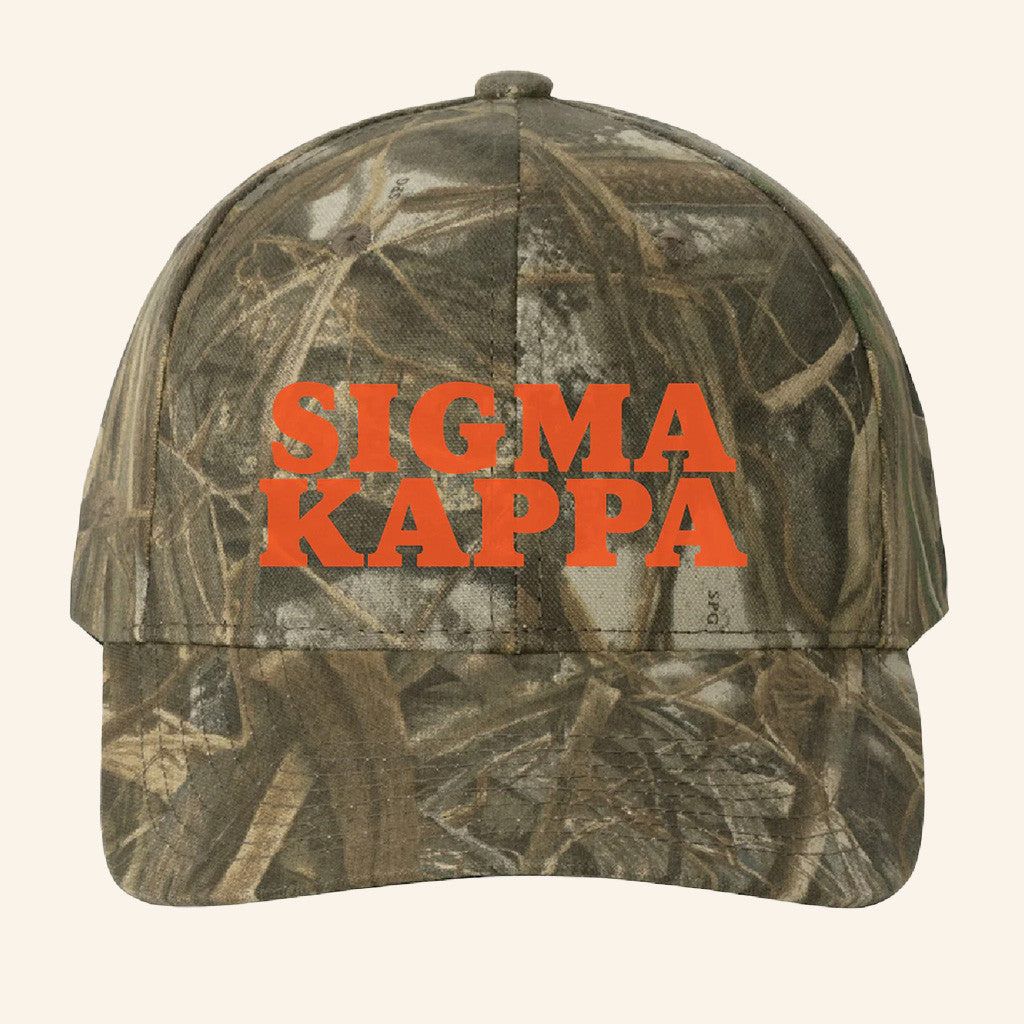 ADPI Merch Sigma Kappa Orange Embroidered Camo Hat Birthday Gift For Him - Lilybirchmarket