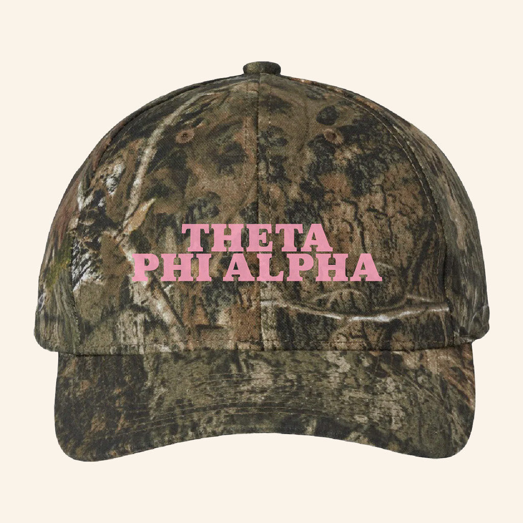 ADPI Merch Theta Phi Alpha Pink Embroidered Camo Hat Gifts For Sister - Lilybirchmarket
