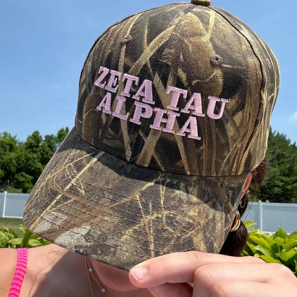 ADPI Merch Zeta Tau Alpha Pink Embroidered Camo Hat Gift Ideas For Her - Lilybirchmarket