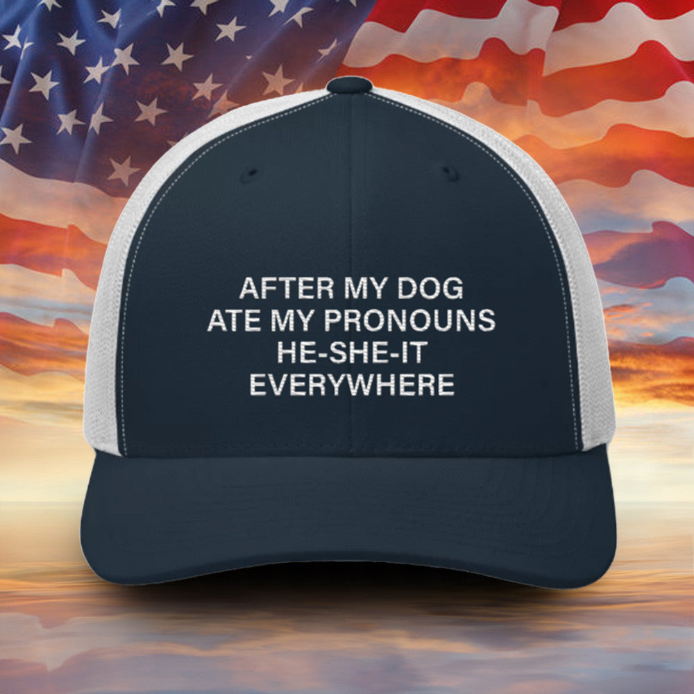 After My Dog Ate My Pronouns He She It Everywhere Embroidered Hat Funny Sayings Men Hat Gift - Lilybirchmarket